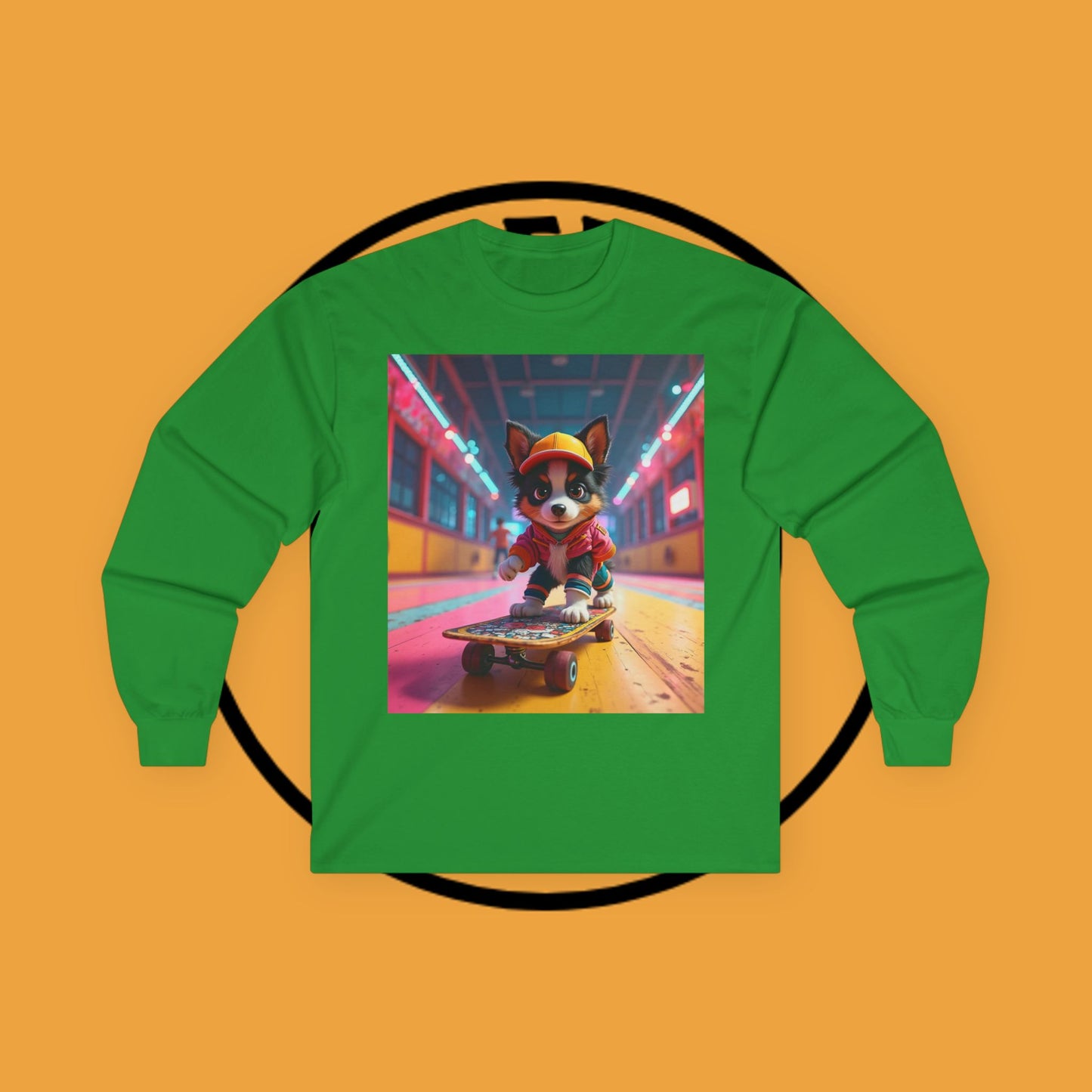 "Cool Skateboarding Puppy Long Sleeve Tee - Urban Street Art Dog Shirt - Cyberpunk Neon Skater Apparel"