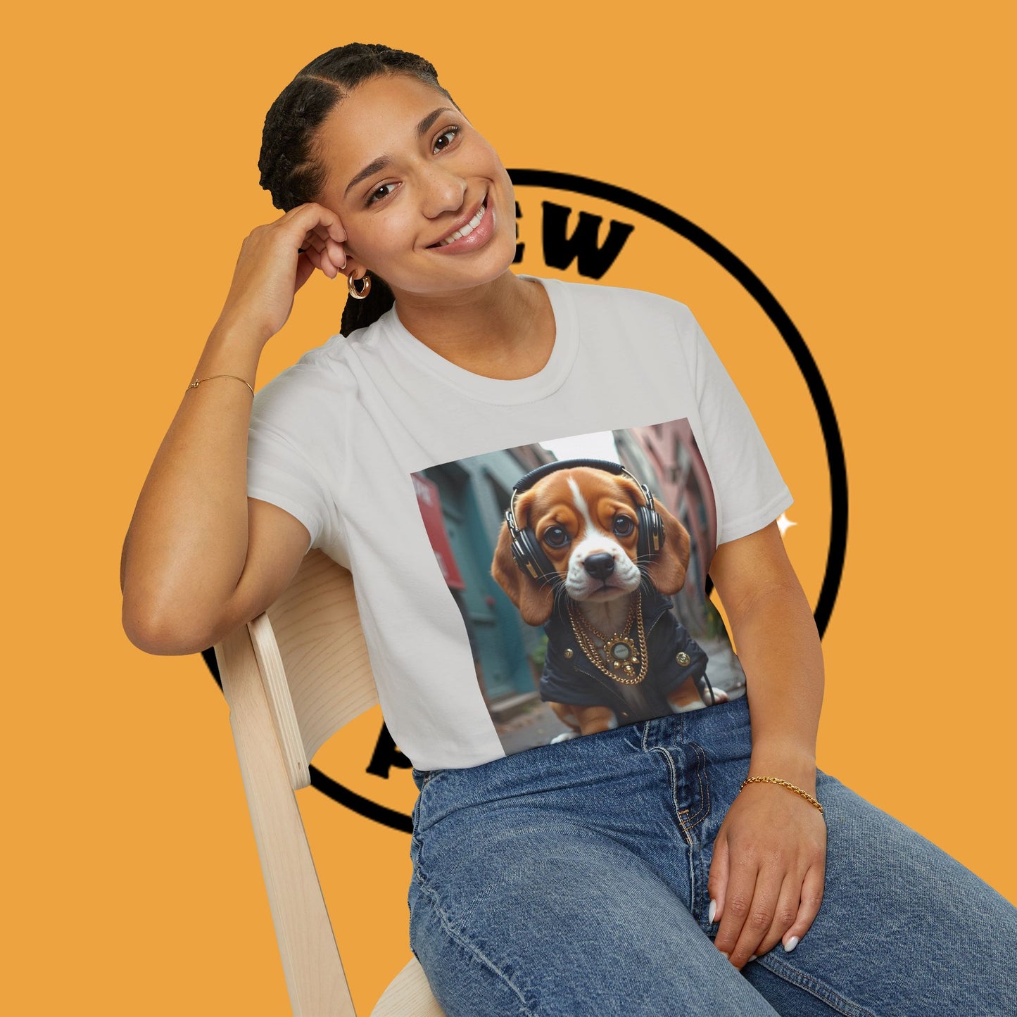 Hip Hop Beagle Dog T-Shirt - Cool Puppy with Headphones & Gold Chains Graphic Tee
