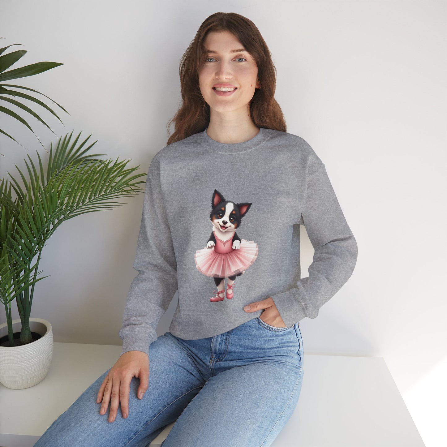 Cute Ballet Dog Crewneck Sweatshirt - Dancing Puppy in Pink Tutu Design | Kawaii Animal Lover Gift
