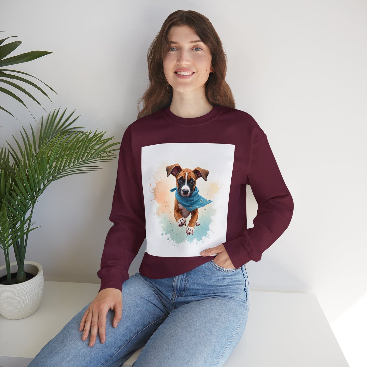 Watercolor Puppy Bandana Crewneck Sweatshirt - Artistic Dog Portrait - Unique Pet Lover Gift