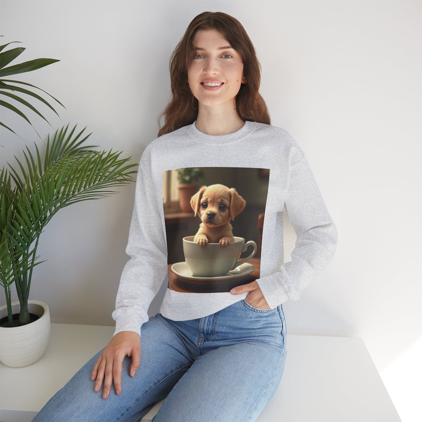 Unisex Dog Lover Crewneck Sweatshirt - Teacup Puppy: Adorable Yellow Lab in Coffee Cup
