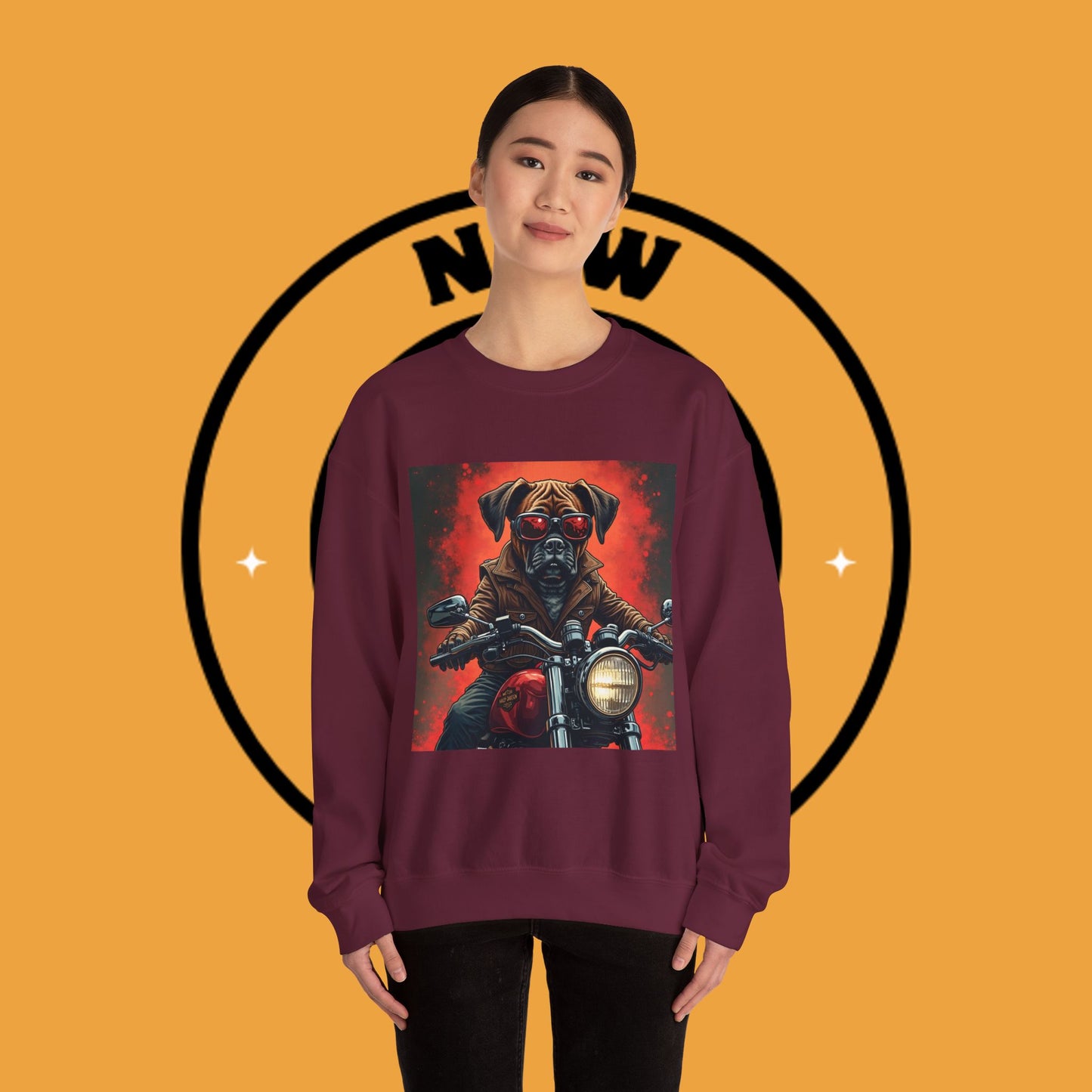 Biker Boxer Dog Crewneck Sweatshirt - Motorcycle Rebel Pup Design - Badass Pet Lover Style