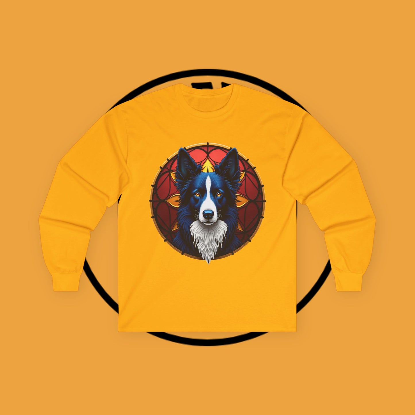 "Mystical Border Collie Stained Glass Long Sleeve Tee - Sacred Geometry Spirit Animal Shirt - Gothic Fantasy Apparel"