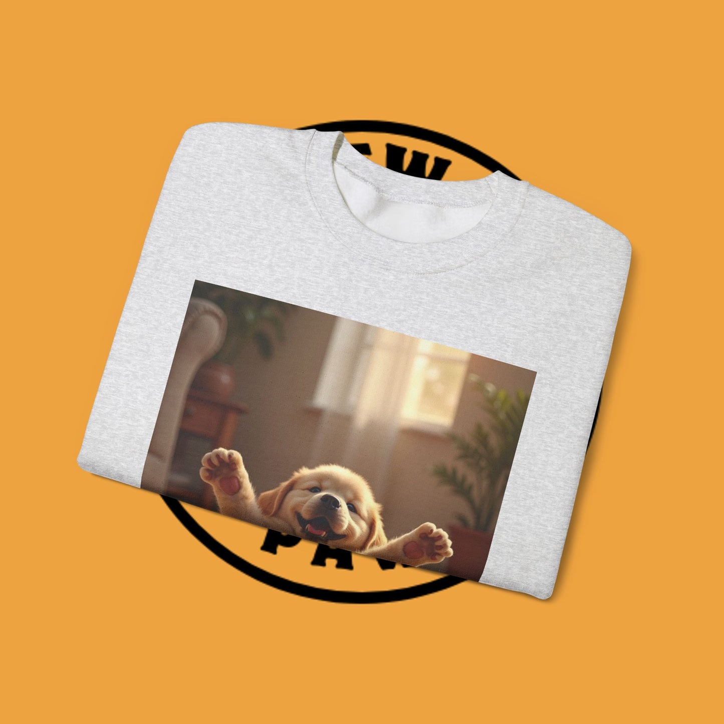 Unisex Dog Lover Crewneck Sweatshirt - Joyful Paws: Yellow Lab Puppy Stretching on Plush Carpet