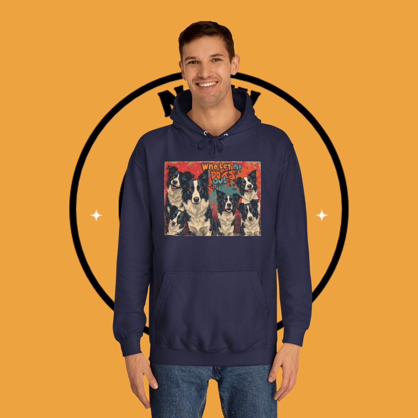 "Who Let the Dogs Out Border Collie Hoodie - Funny 90s Nostalgia Dog Pack Sweatshirt | Retro Music Design"