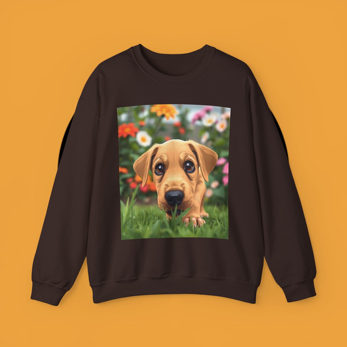 Unisex Dog Lover Crewneck Sweatshirt - Cute puppe with big eyes in floral garden