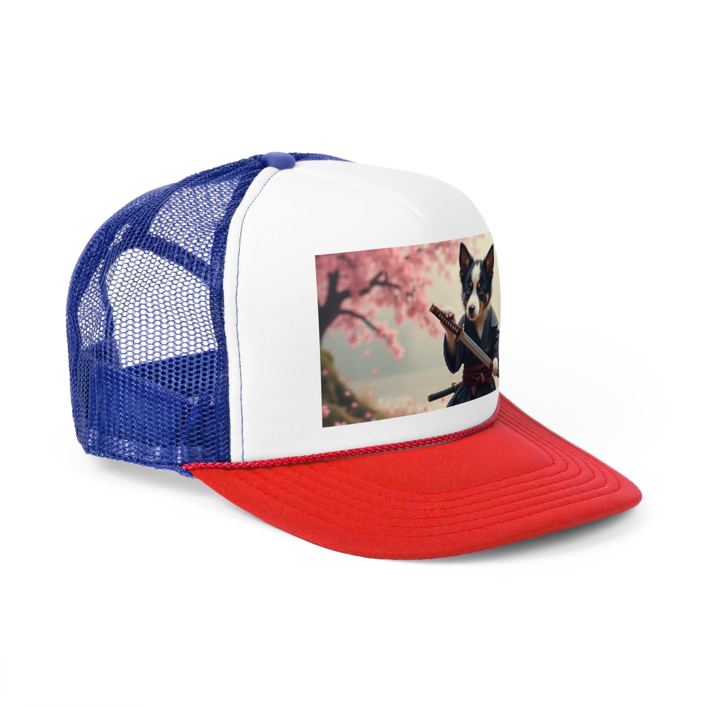 Samurai Puppy Trucker Hat - Japanese Warrior Dog Cap - Cherry Blossom Ninja Baseball Hat