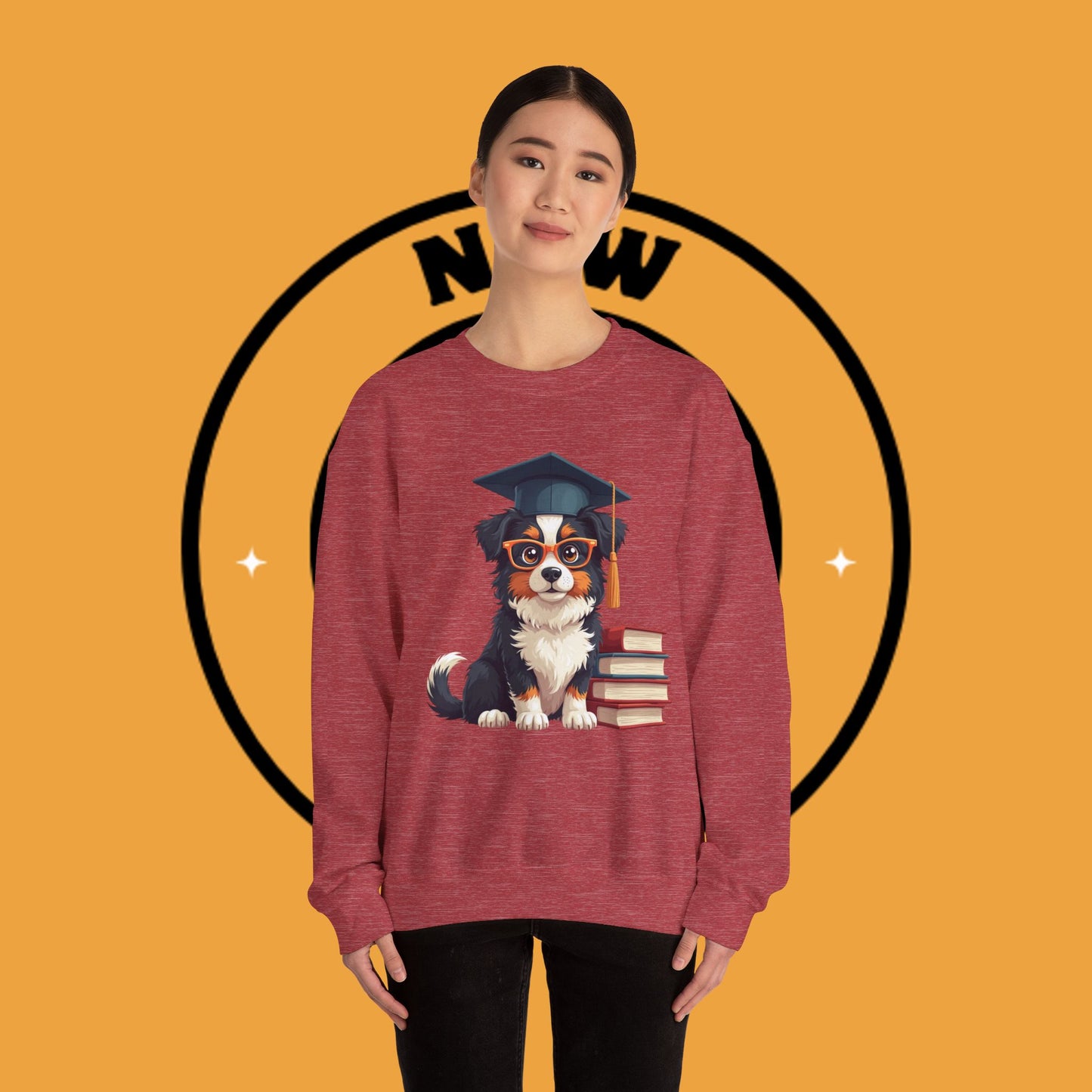 Graduation Dog Crewneck Sweatshirt - Smart Puppy Graduate Cap Books | Academic Achievement Gift
