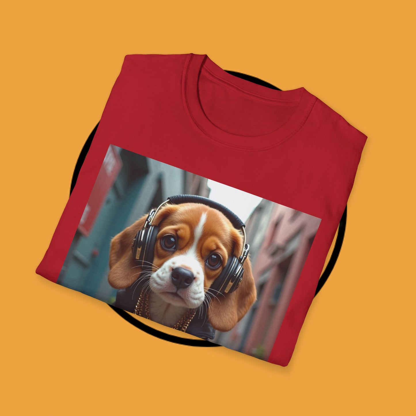 Hip Hop Beagle Dog T-Shirt - Cool Puppy with Headphones & Gold Chains Graphic Tee