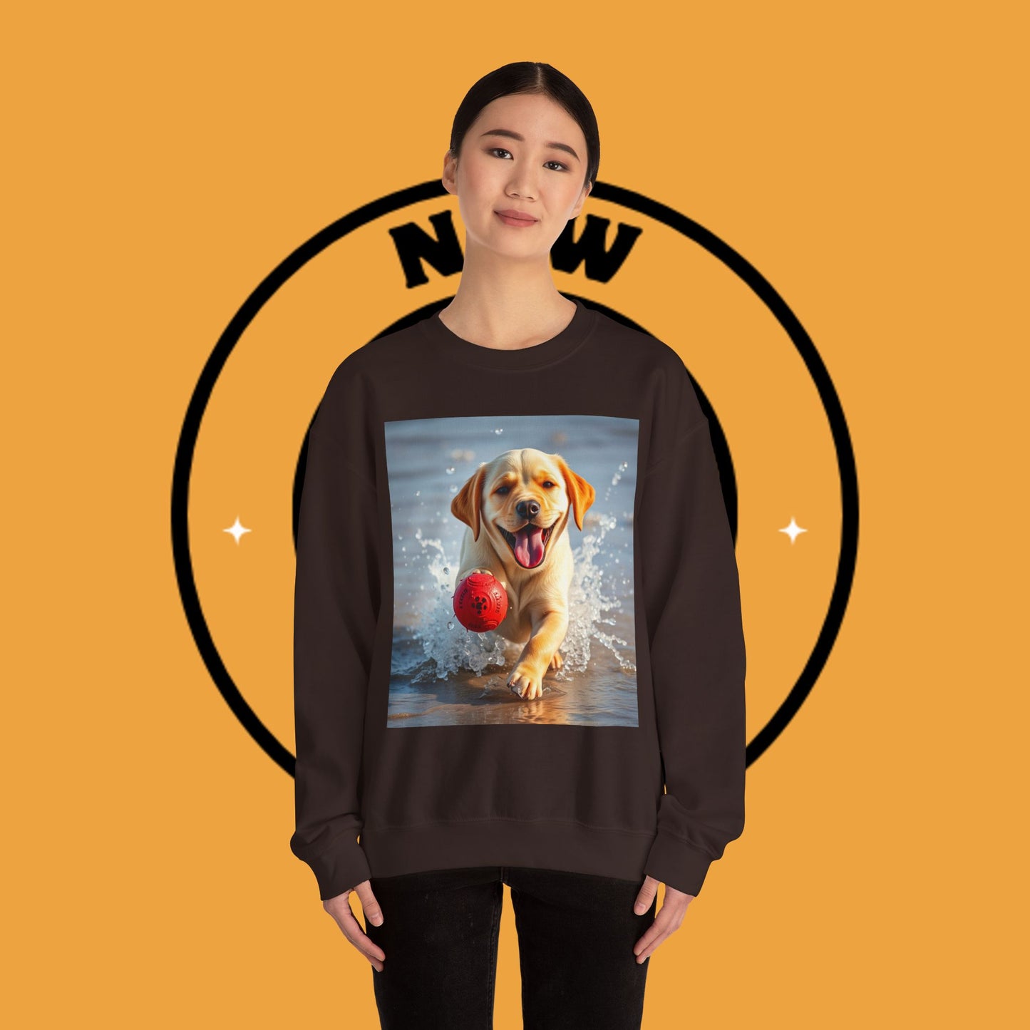 Unisex Dog Lover Crewneck Sweatshirt Labrador Puppy Playing with a Ball on the Beach - Photo of a Happy Dog Running in the Water