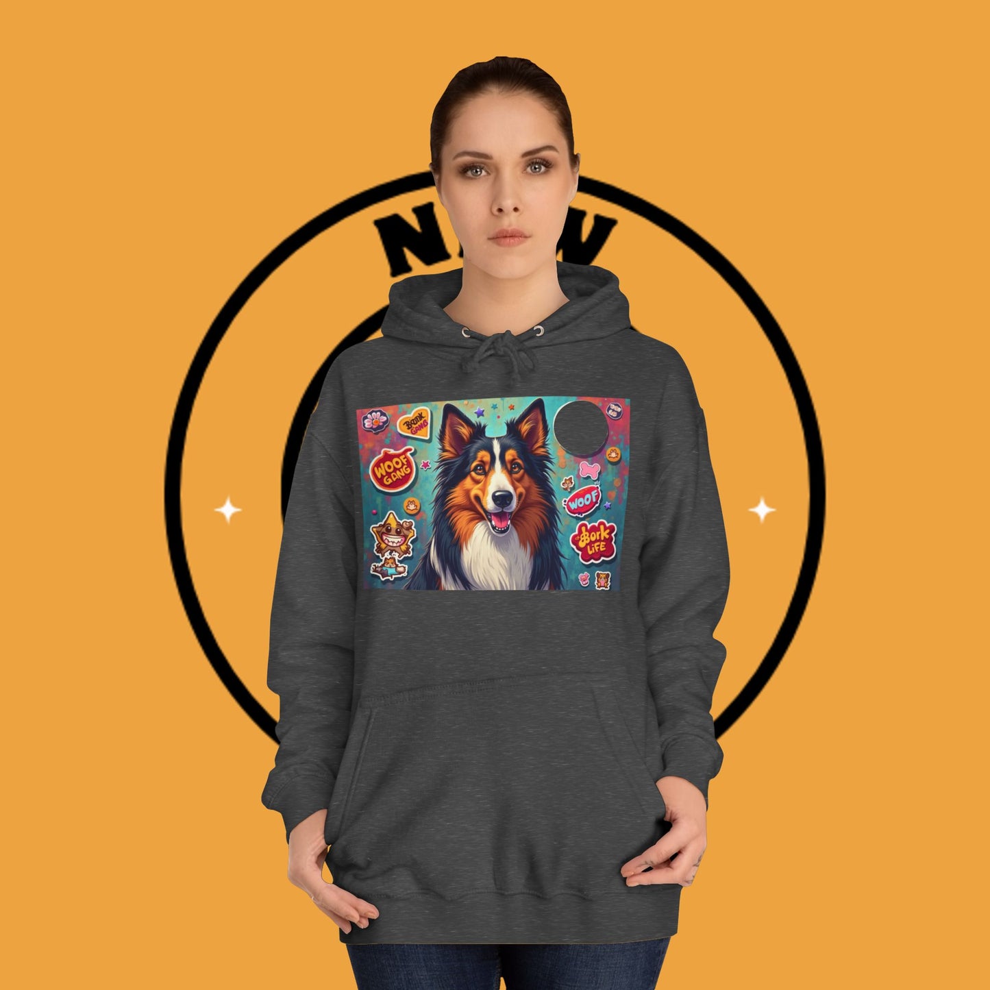 "Dog Sticker Pack Hoodie - Vibrant Collie with Fun Dog Patches Design | Millennial Pet Lover Streetwear"
