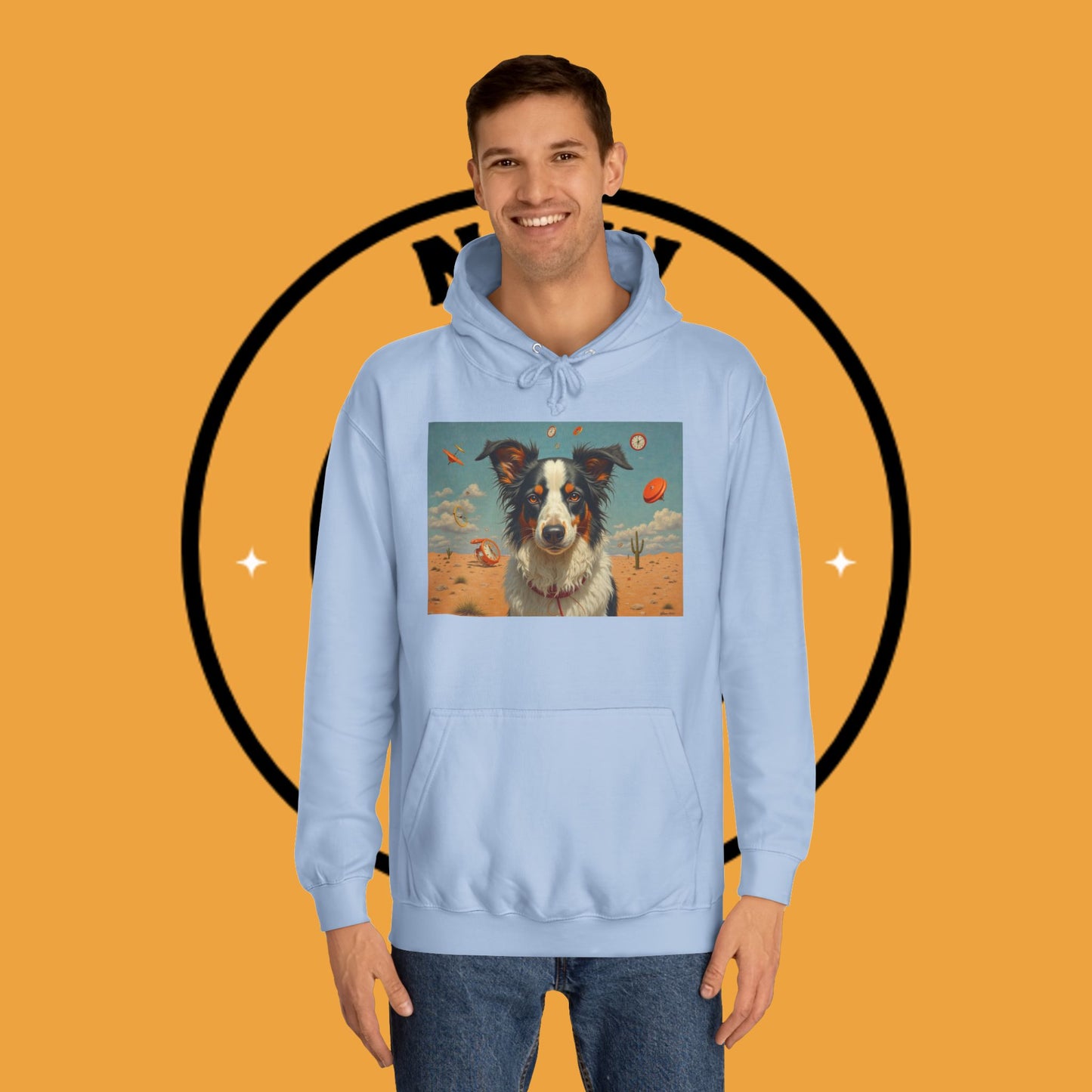 "Surreal Border Collie Time Desert Hoodie - Flying Clocks Artistic Dog Sweatshirt | Dreamlike Fantasy Design"