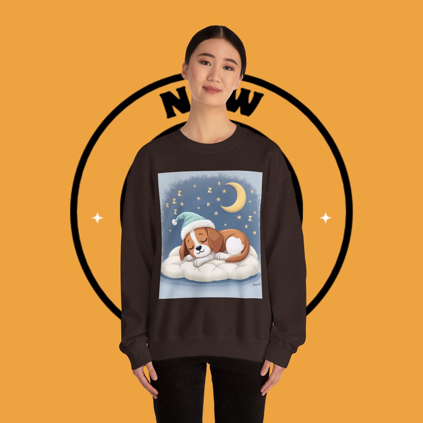 Sleeping Dog Crewneck Sweatshirt - Cute Beagle Design with Moon and Stars