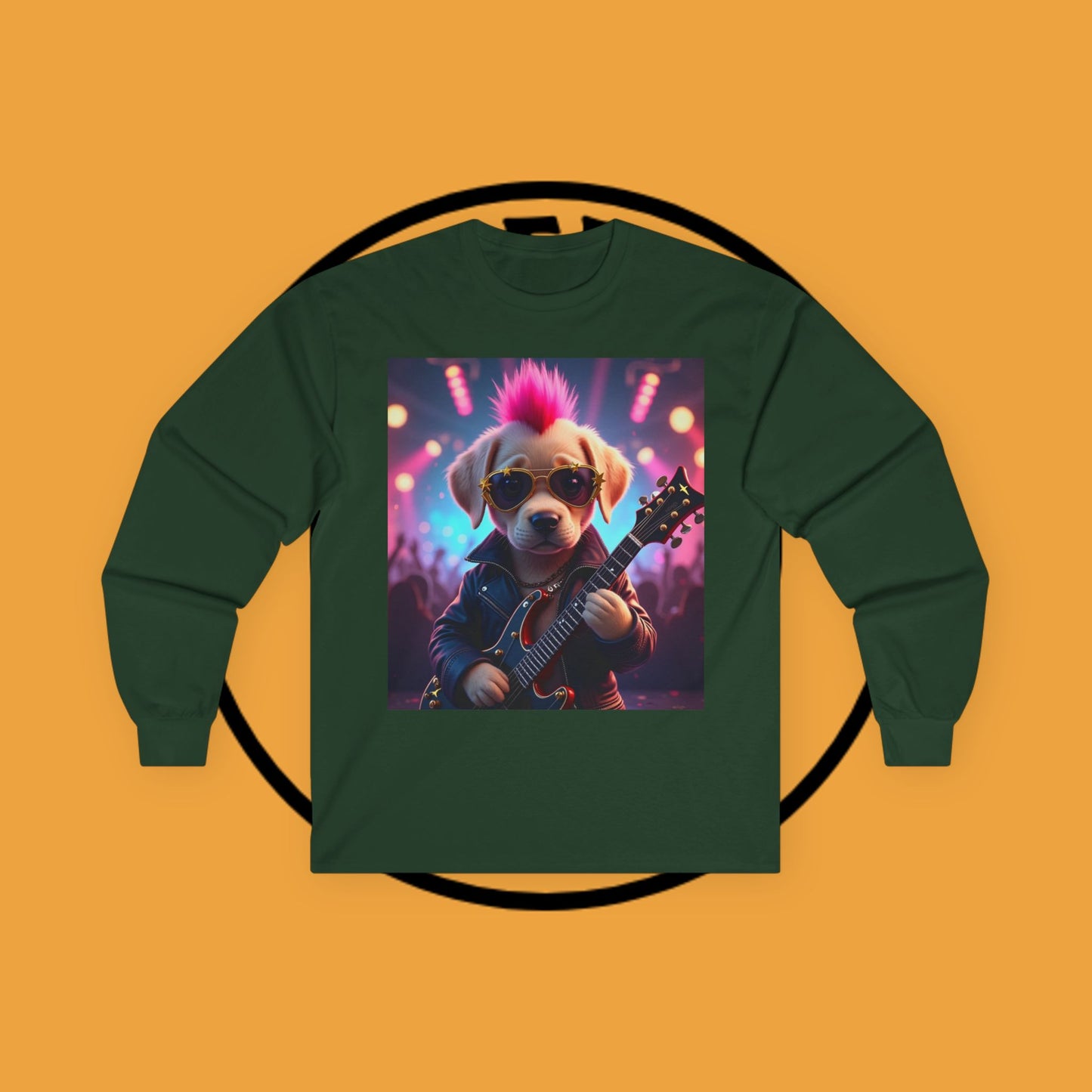 Long Sleeve T-Shirt - Punk Puppy with Electric Guitar - Design for Music Lovers Rockin' - Dog with Electric Guitar and Pink Mohawk - 🎸🐾