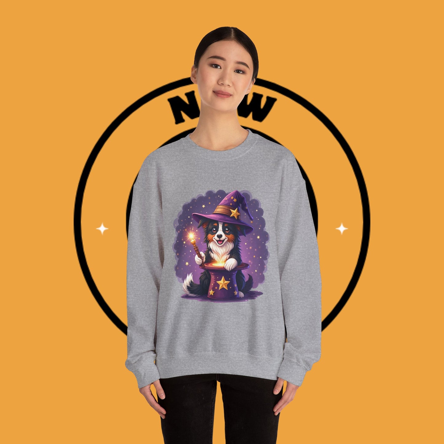 Magical Wizard Dog Crewneck Sweatshirt - Adorable Puppy Magician with Hat & Wand | Fantasy Pet Lover Gift Tee