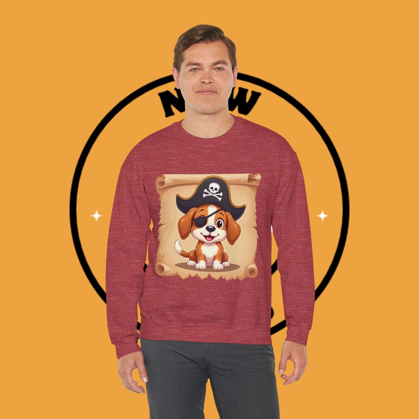Pirate Dog Crewneck Sweatshirt - Buccaneer Beagle Design with Patch and Hat
