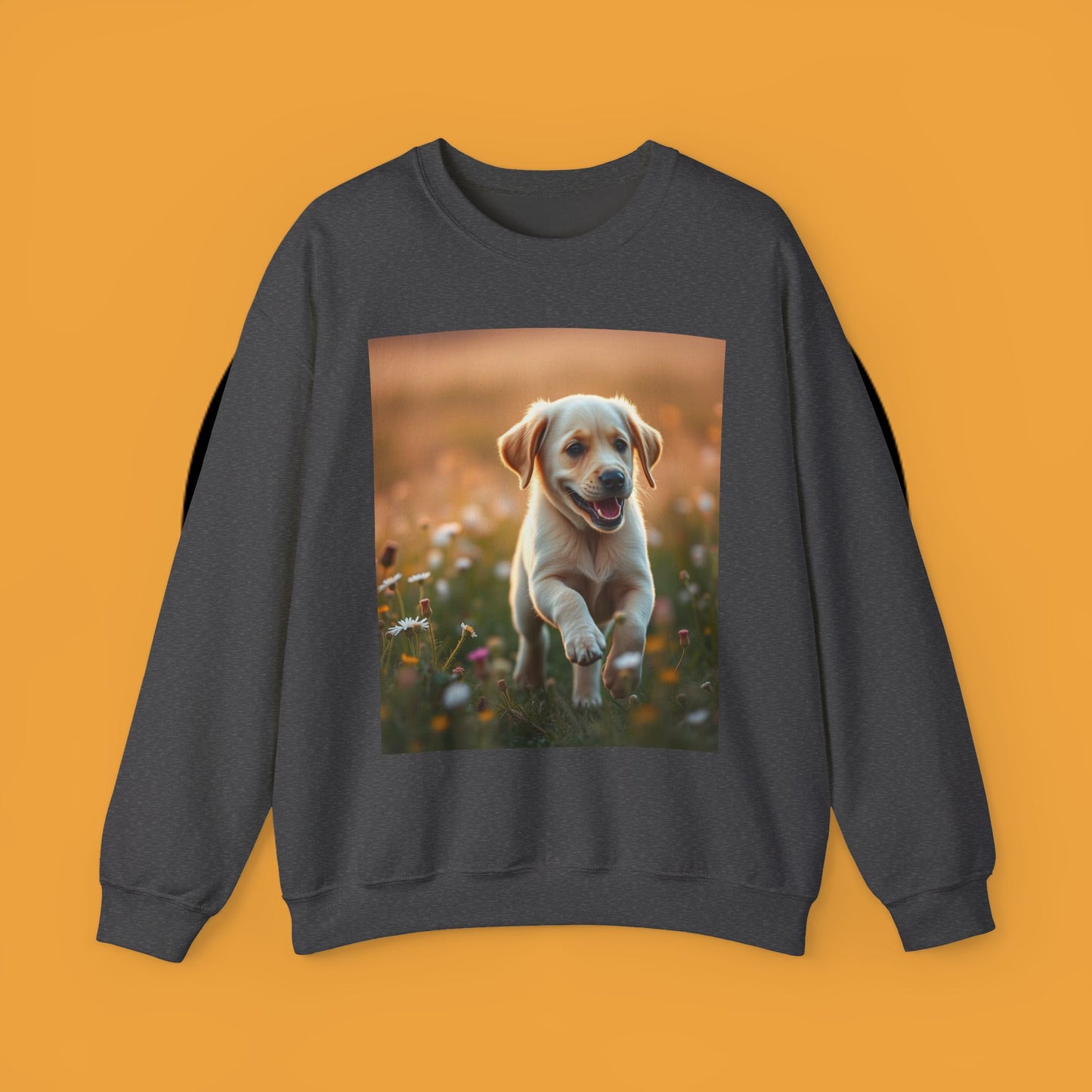 Unisex Dog Lover Crewneck Sweatshirt - Playful Labrador Puppy Running Through Wildflower Meadow