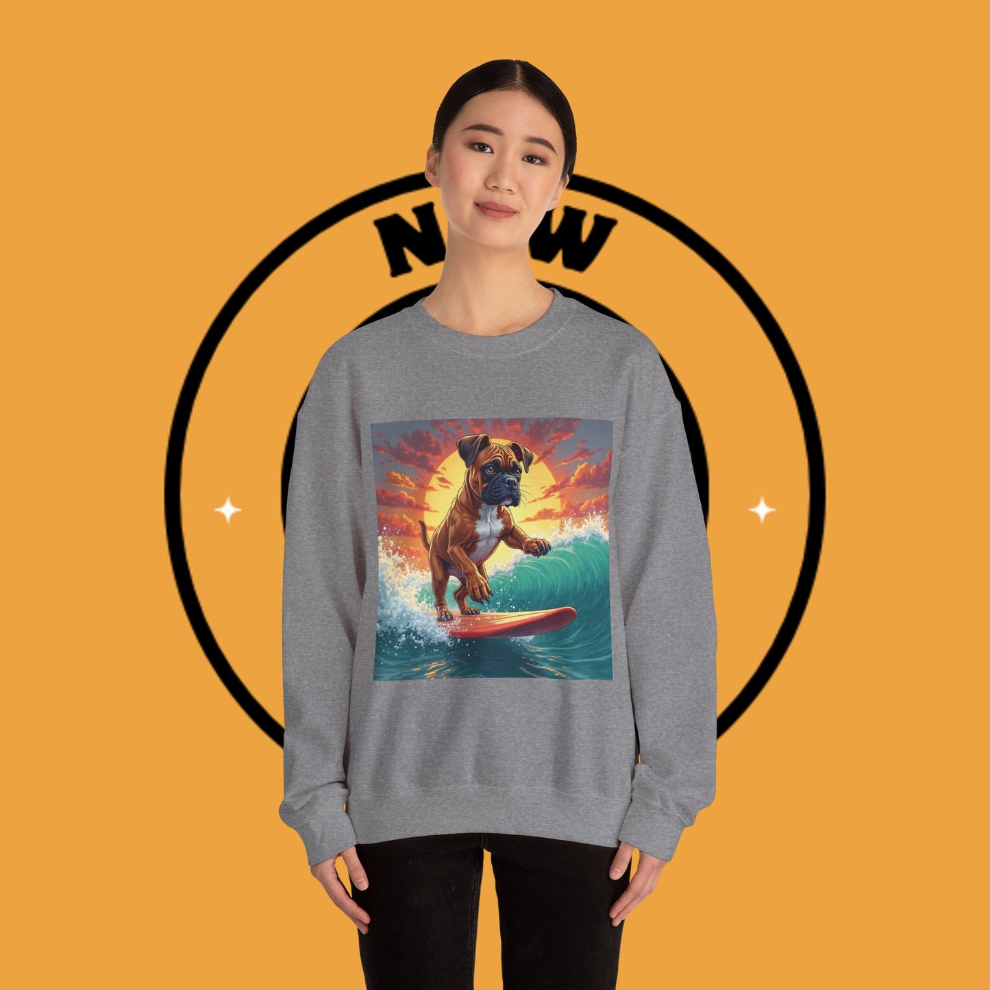 Surfing Boxer Dog Crewneck Sweatshirt | Funny Beach Surfer Gift | Epic Wave Riding Pup Design