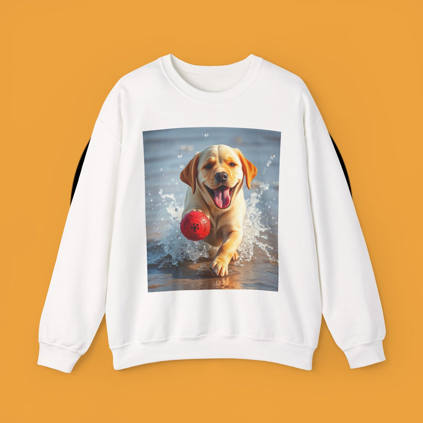 Unisex Dog Lover Crewneck Sweatshirt Labrador Puppy Playing with a Ball on the Beach - Photo of a Happy Dog Running in the Water