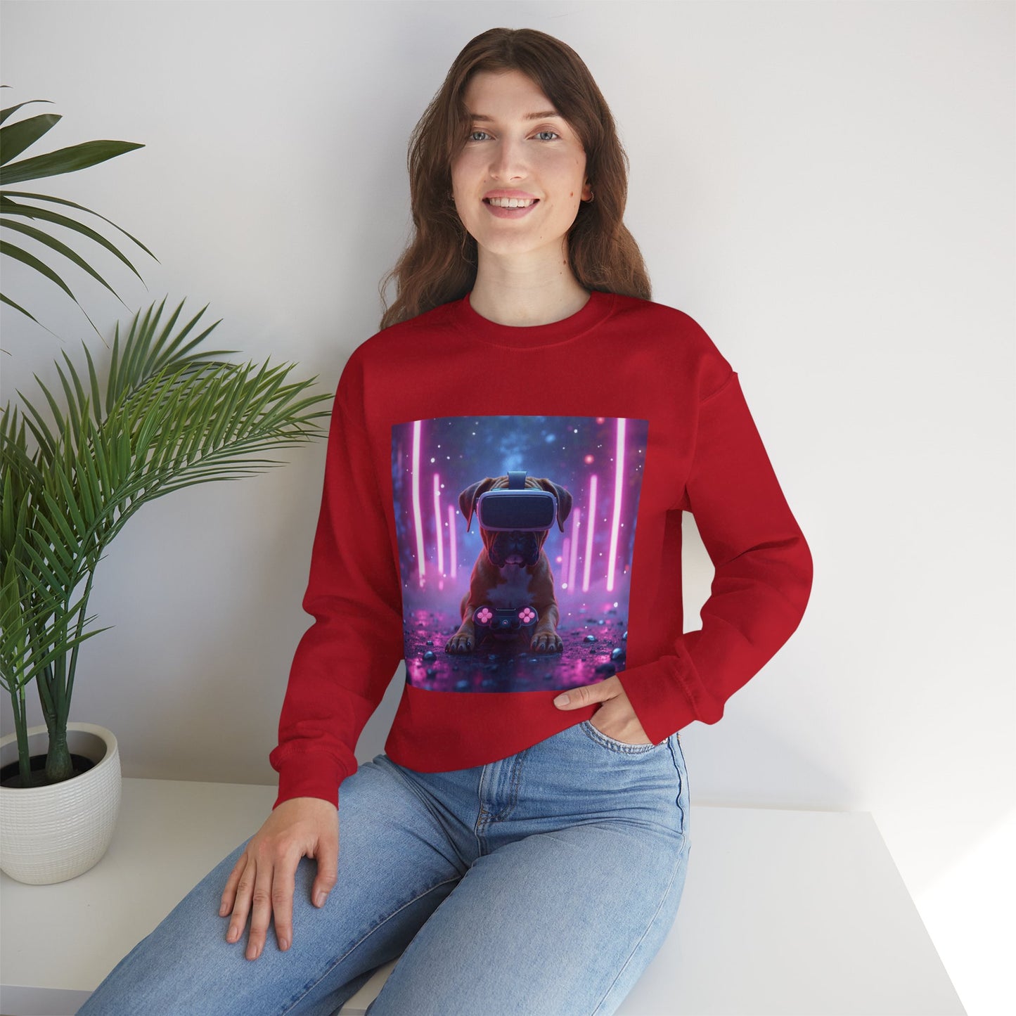 VR Gaming Boxer Dog Crewneck Sweatshirt | Funny Gamer Gift | Virtual Reality Puppy Design