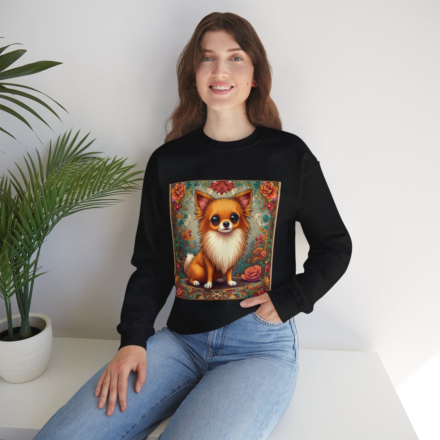 Victorian Chihuahua Garden Sweatshirt | Ornate Floral Dog Portrait | Botanical Pet Art Design