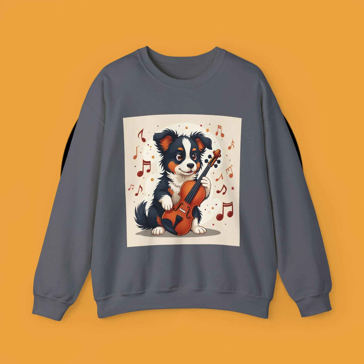 Music Dog Crewneck Sweatshirt - Cute Puppy Violinist with Musical Notes Design | Musician Gift
