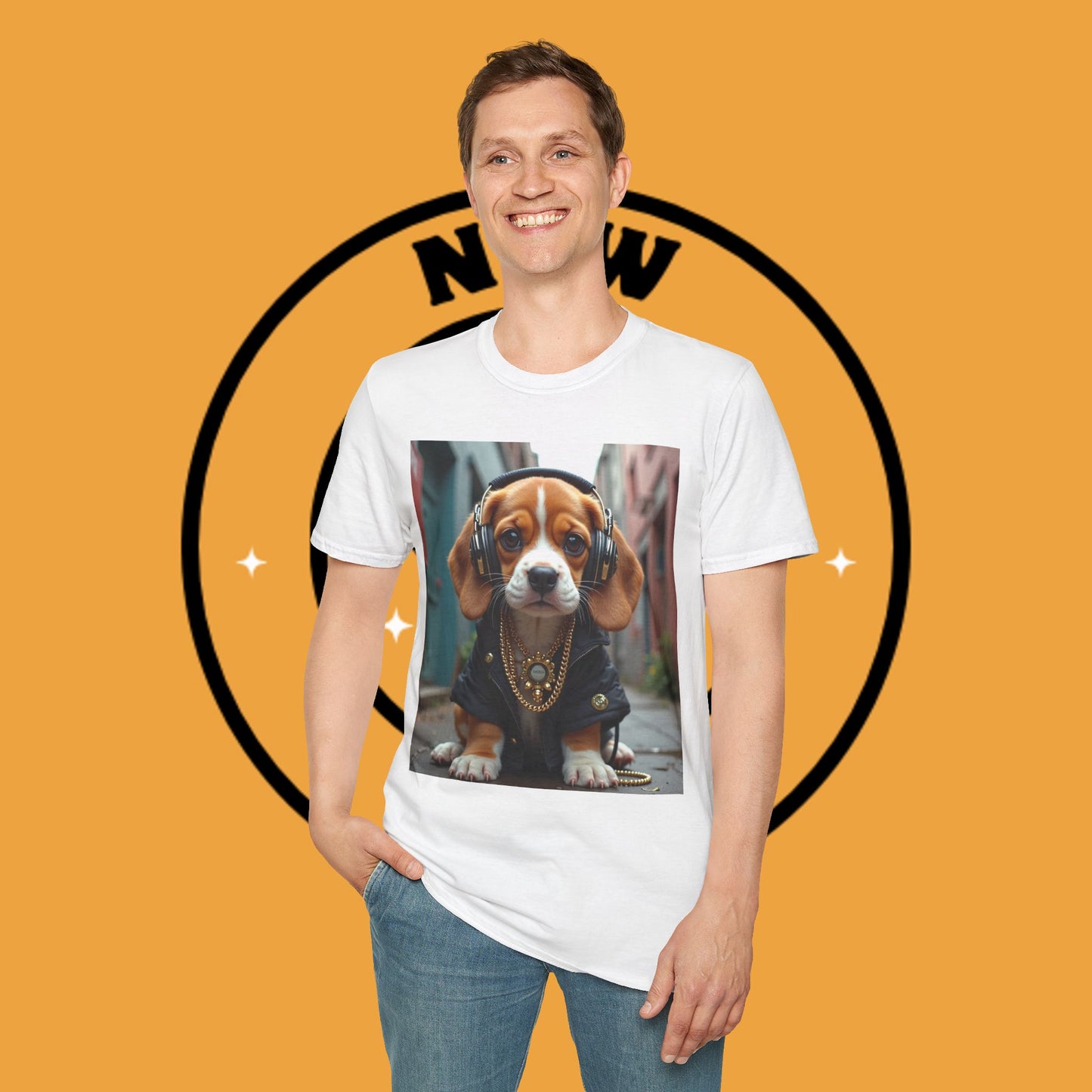 Hip Hop Beagle Dog T-Shirt - Cool Puppy with Headphones & Gold Chains Graphic Tee