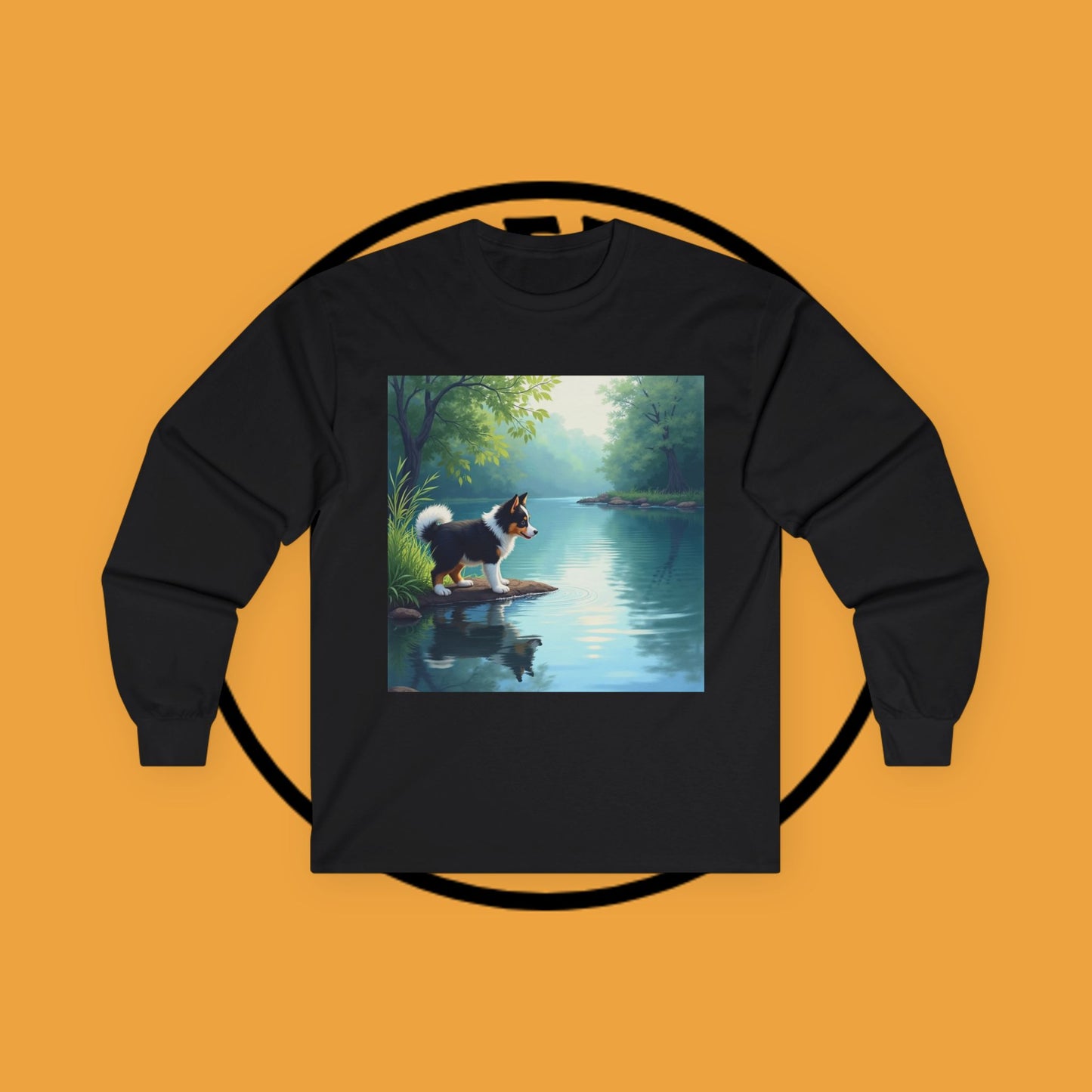 "Adorable Puppy by Tranquil Lake Long Sleeve Tee - Peaceful Nature Dog Art Shirt - Serene Landscape Apparel"