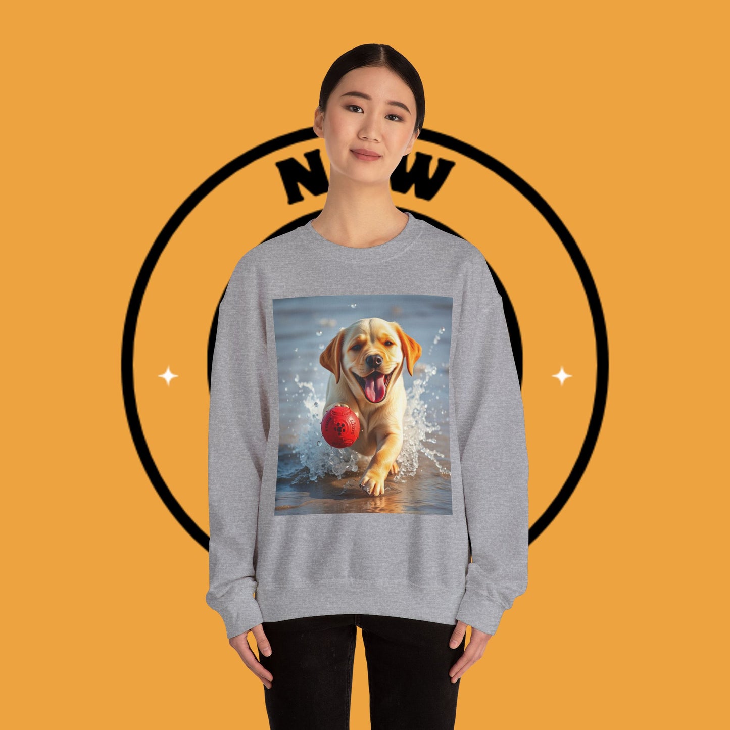 Unisex Dog Lover Crewneck Sweatshirt Labrador Puppy Playing with a Ball on the Beach - Photo of a Happy Dog Running in the Water