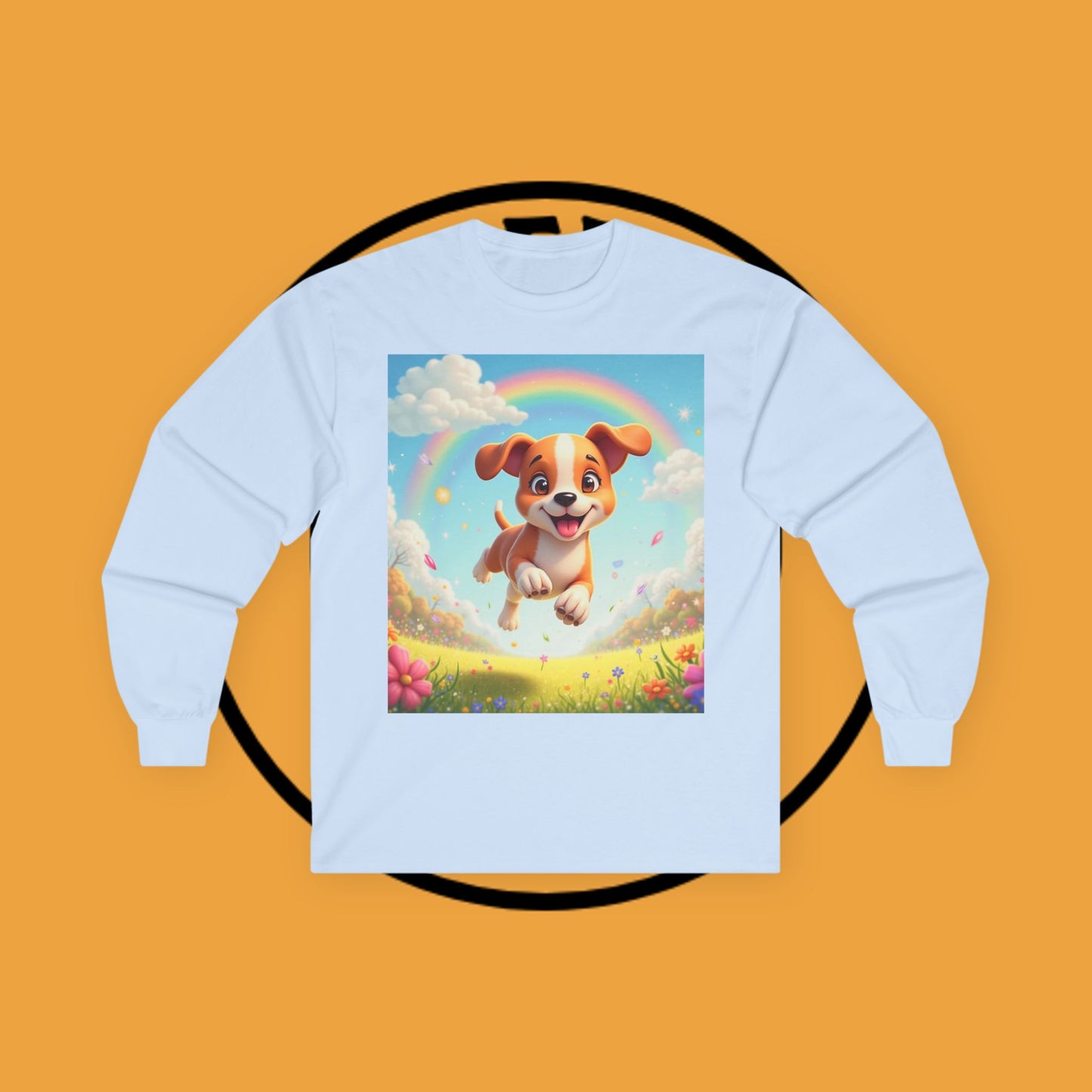 Happy Puppy Rainbow Jumping Spring Flowers Long Sleeve Shirt