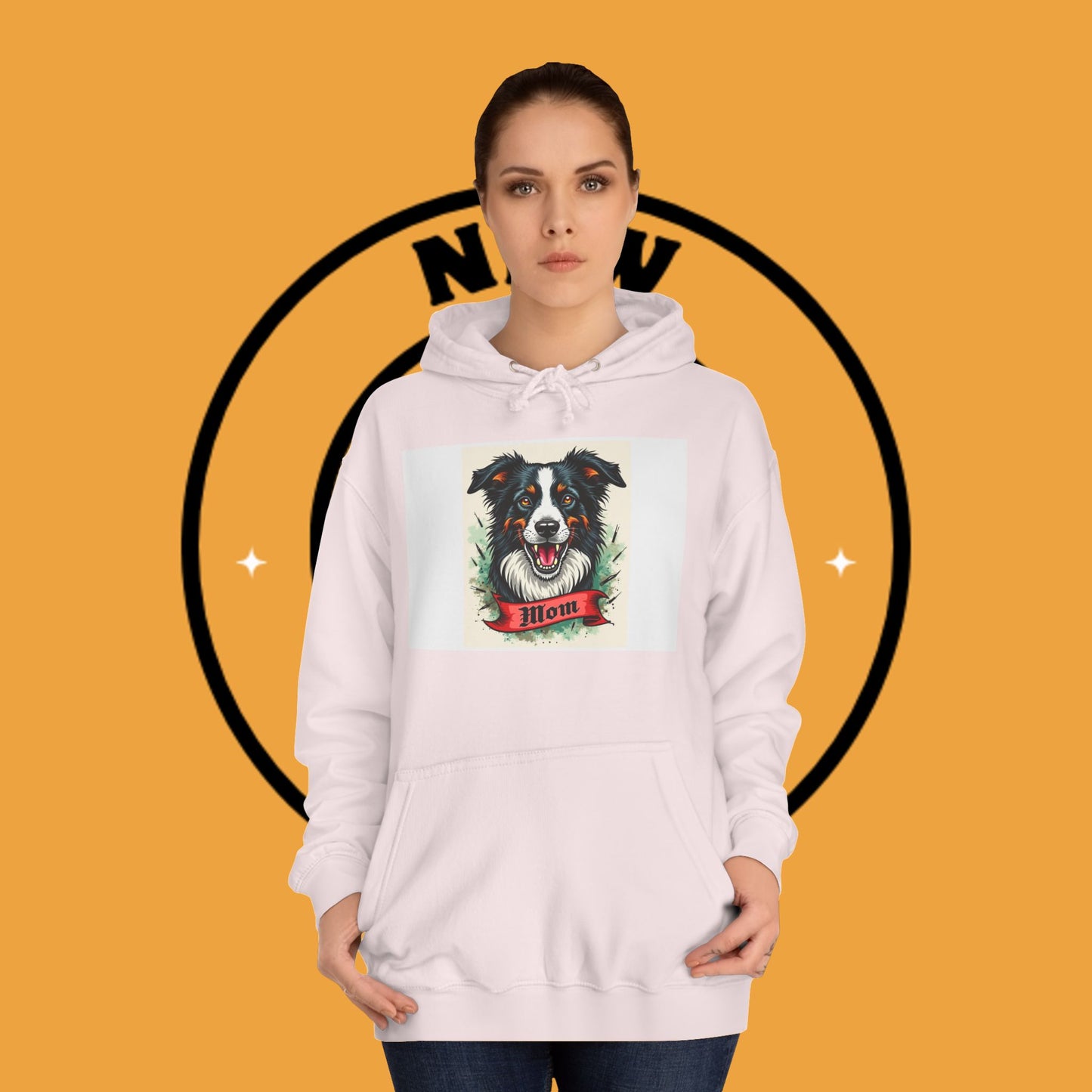"Border Collie Mom Tattoo Style Hoodie - Vintage Dog Mother Banner Design Sweatshirt | Bold Statement Wear"