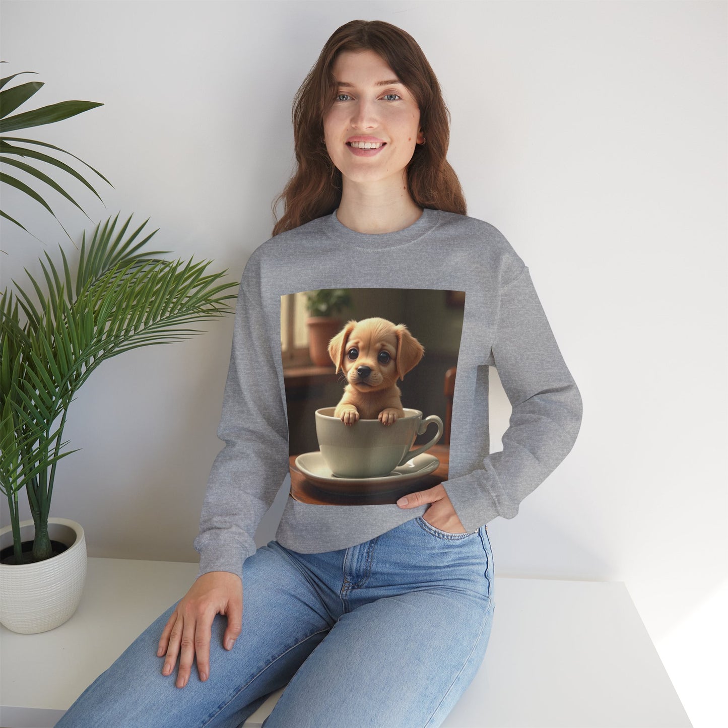 Unisex Dog Lover Crewneck Sweatshirt - Teacup Puppy: Adorable Yellow Lab in Coffee Cup