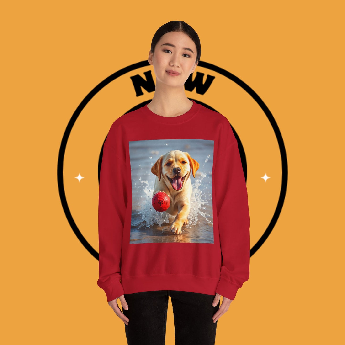 Unisex Dog Lover Crewneck Sweatshirt Labrador Puppy Playing with a Ball on the Beach - Photo of a Happy Dog Running in the Water