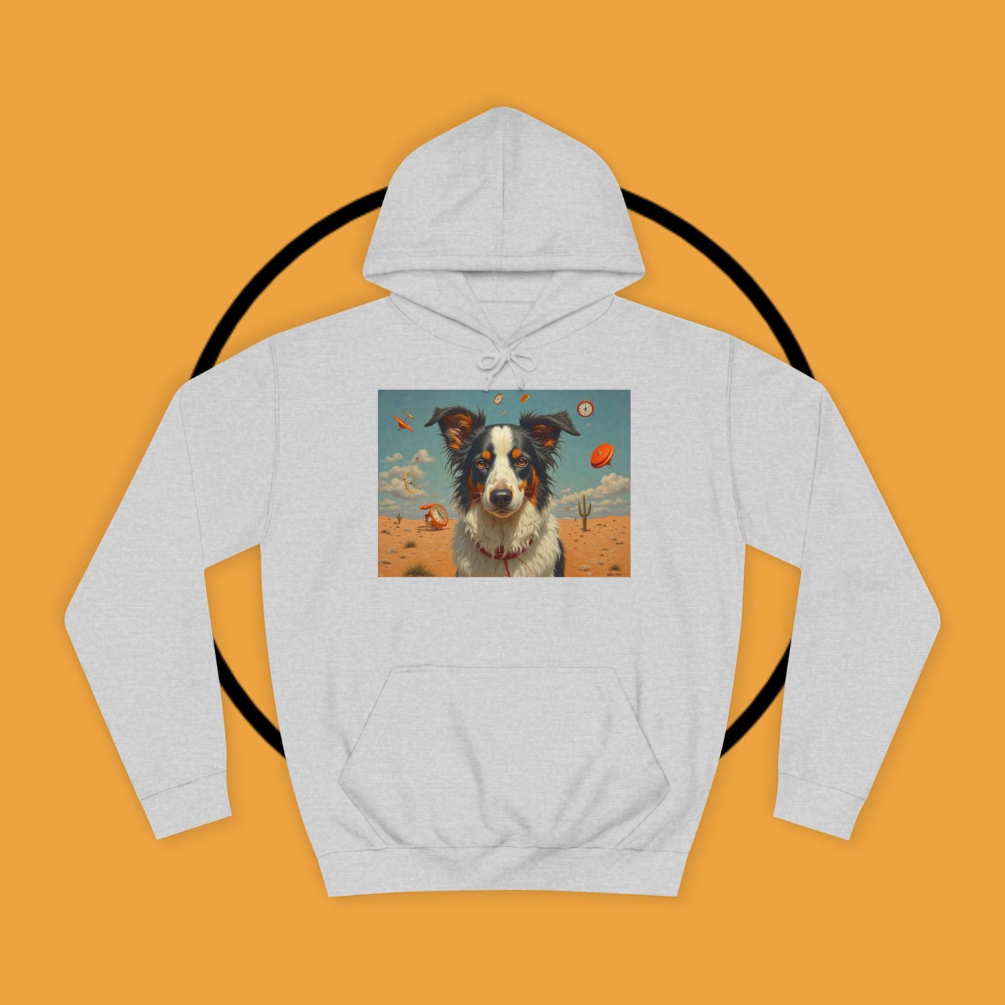 "Surreal Border Collie Time Desert Hoodie - Flying Clocks Artistic Dog Sweatshirt | Dreamlike Fantasy Design"