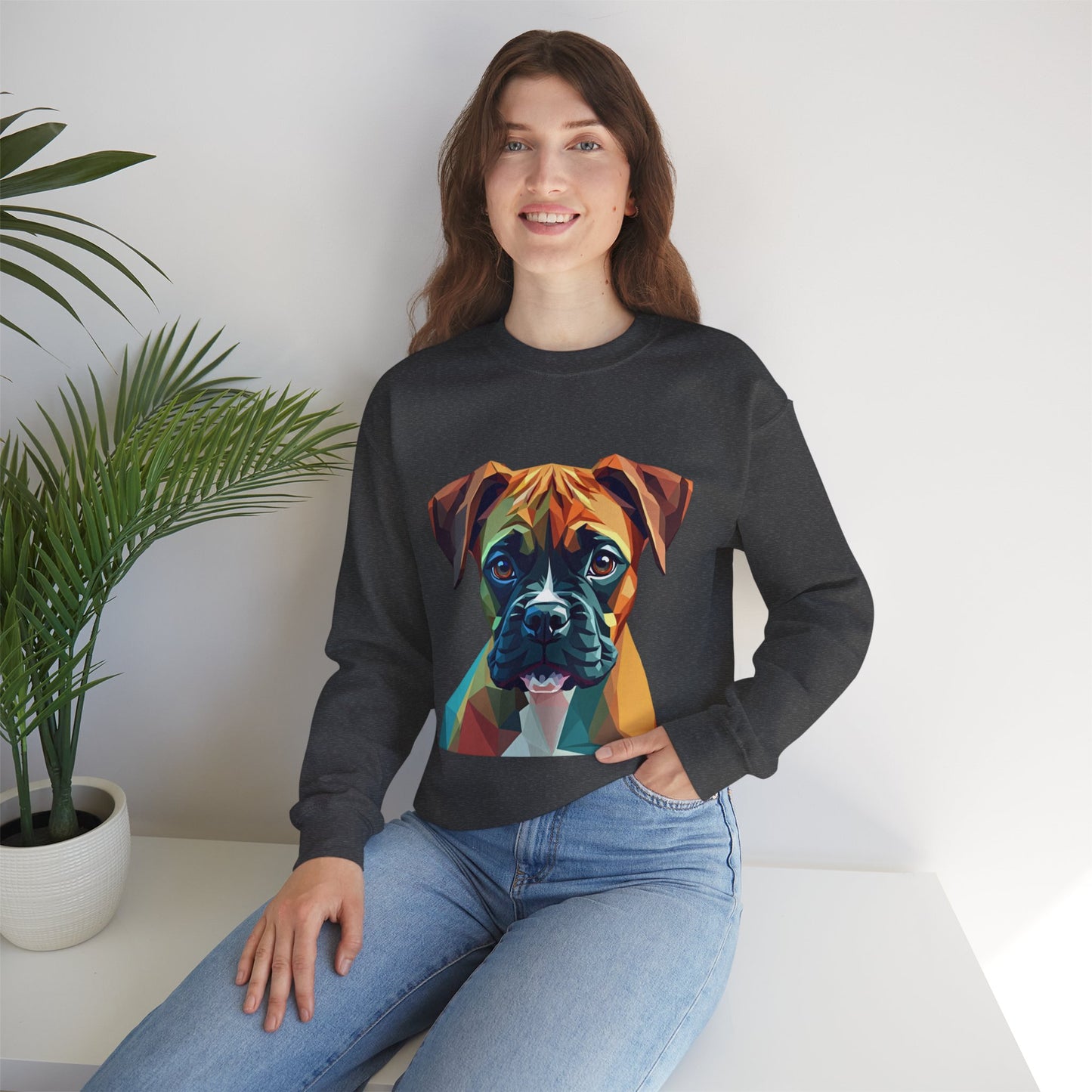 Geometric Boxer Dog Crewneck Sweatshirt - Polygon Art Pet Portrait - Modern Design Lover Gift