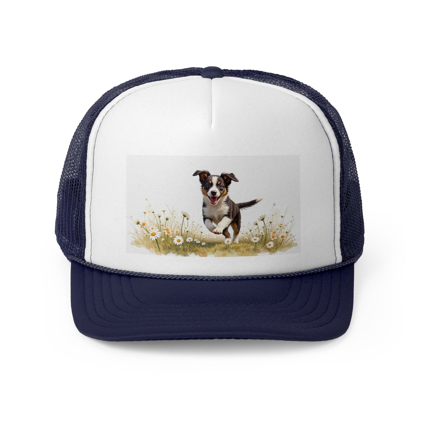 Happy Puppy in Daisies Trucker Hat - Joyful Dog Running Cap - Spring Meadow Baseball Hat