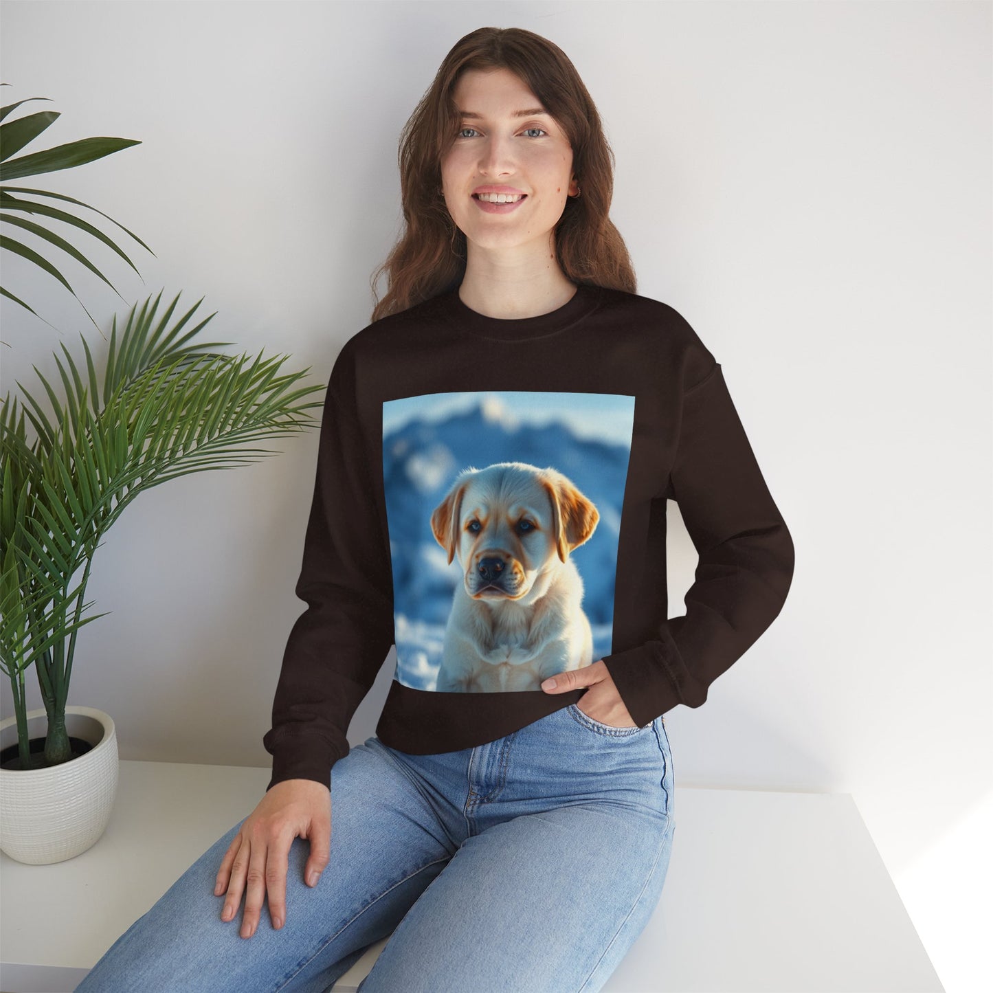 Crewneck Sweatshirt - Cute Labrador Puppy with Blue Eyes - Adorable Dog Portrait in Snow