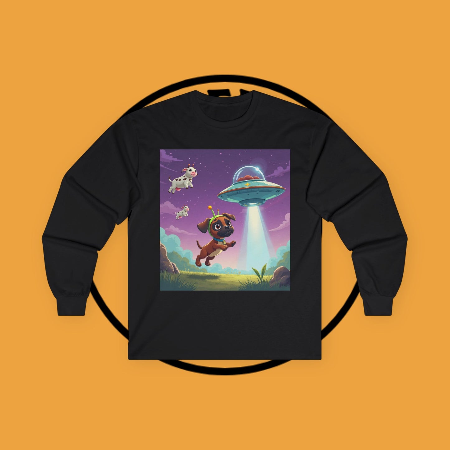 Cute Alien UFO Puppy & Flying Cow Long Sleeve Tee - Whimsical Space Adventure Shirt