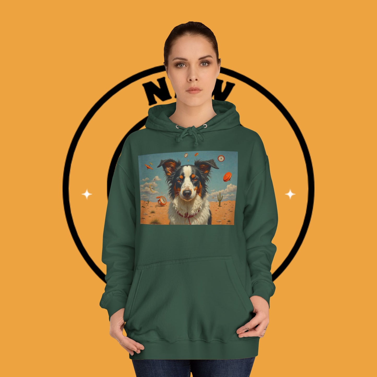 "Surreal Border Collie Time Desert Hoodie - Flying Clocks Artistic Dog Sweatshirt | Dreamlike Fantasy Design"