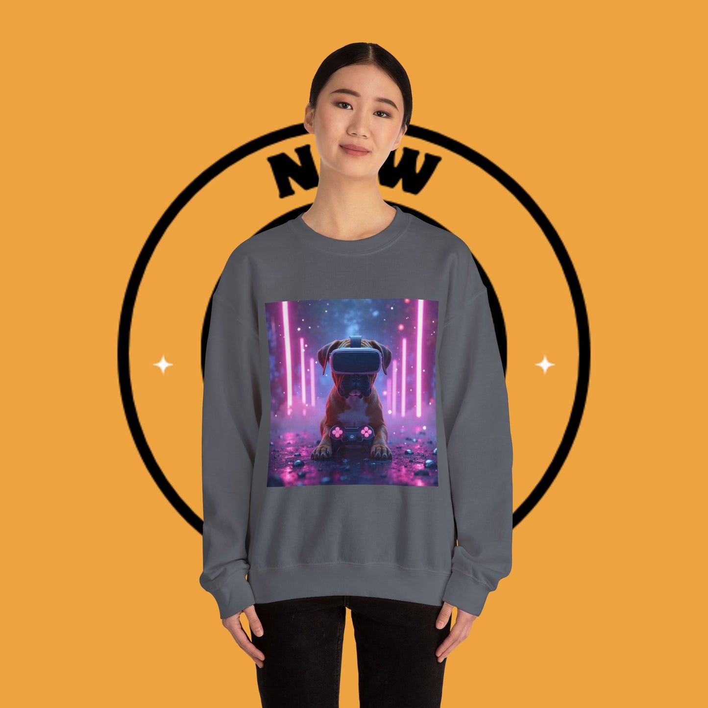 VR Gaming Boxer Dog Crewneck Sweatshirt | Funny Gamer Gift | Virtual Reality Puppy Design