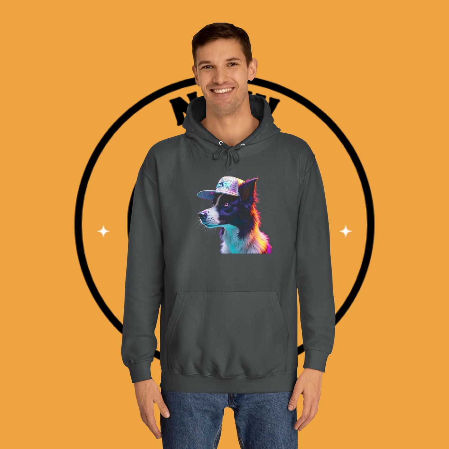 "Neon Rainbow Dog Hoodie - Vibrant Border Collie Street Art Design | Unisex Premium Streetwear"
