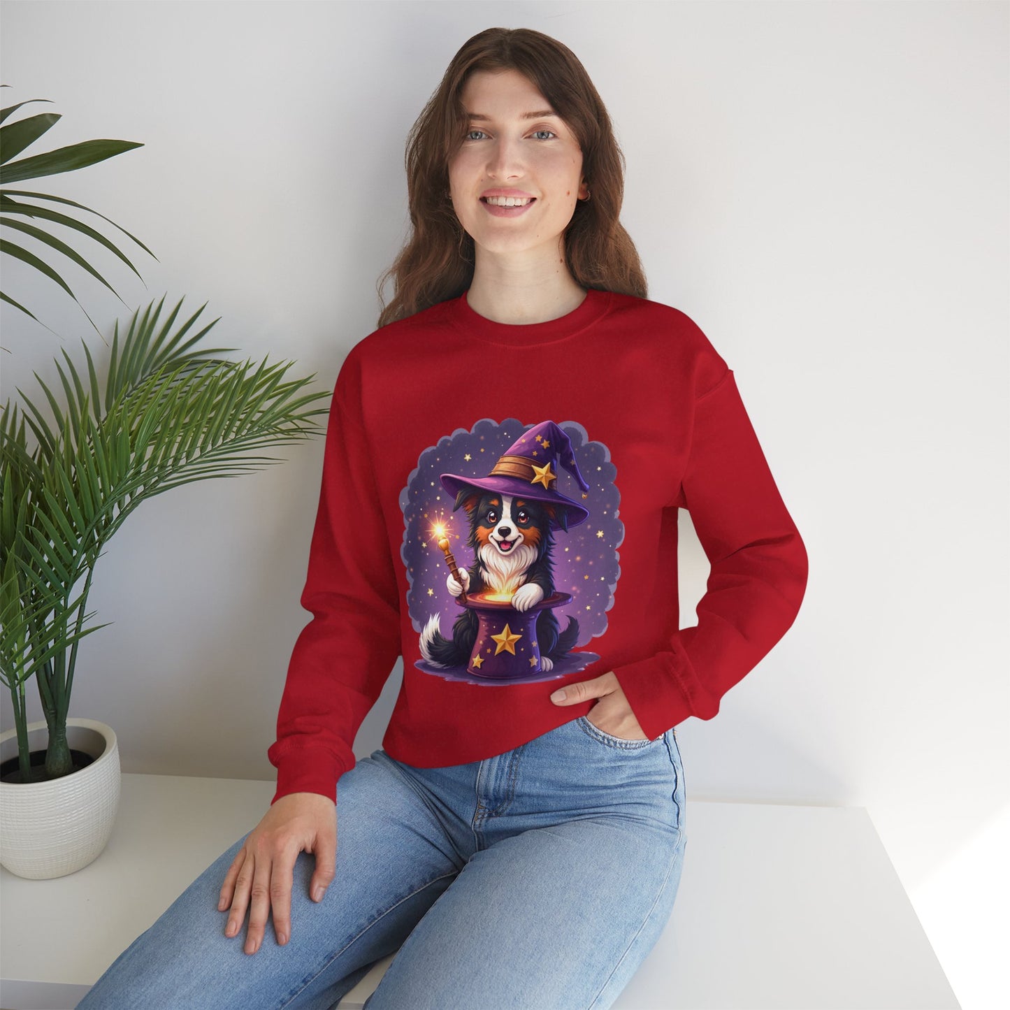 Magical Wizard Dog Crewneck Sweatshirt - Adorable Puppy Magician with Hat & Wand | Fantasy Pet Lover Gift Tee