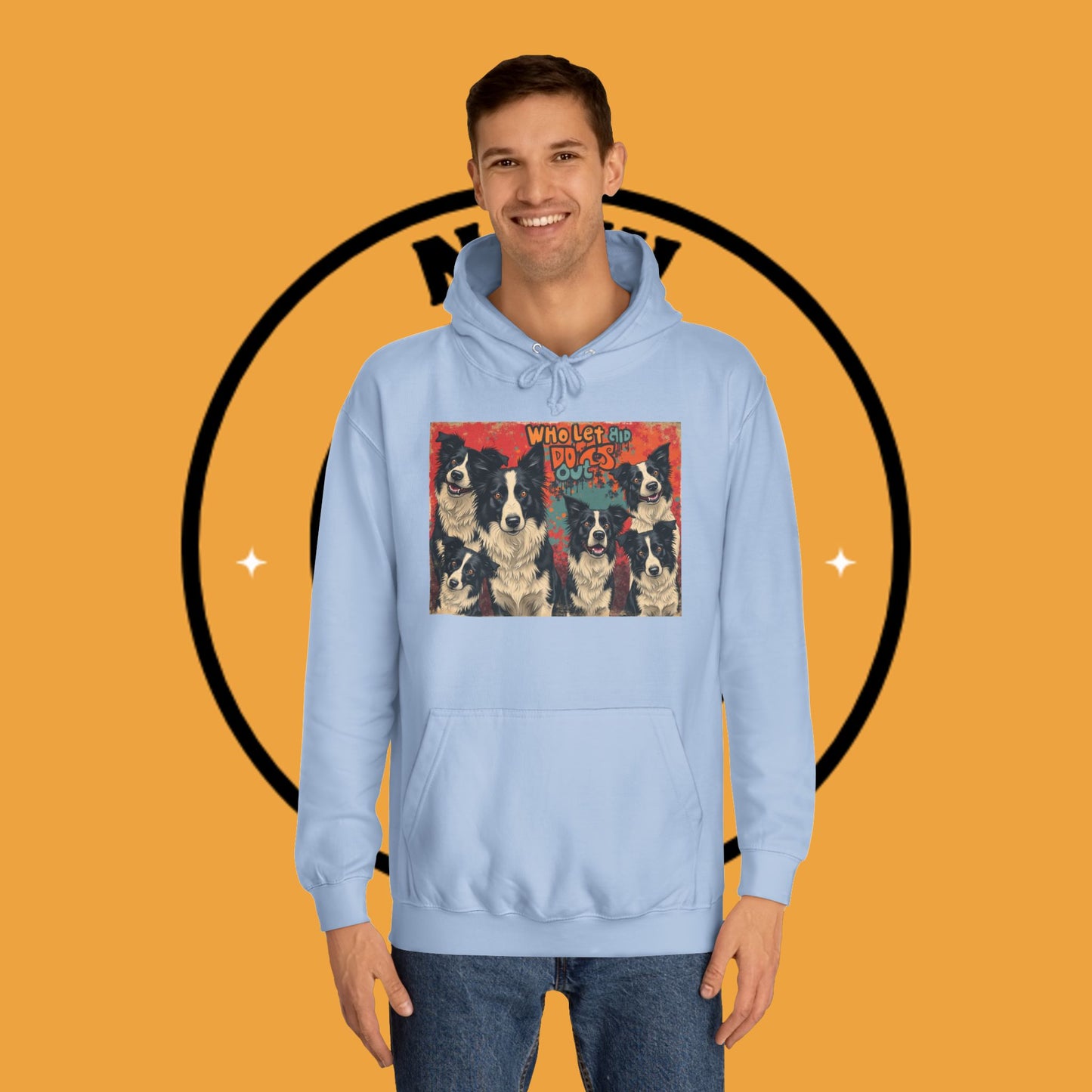 "Who Let the Dogs Out Border Collie Hoodie - Funny 90s Nostalgia Dog Pack Sweatshirt | Retro Music Design"