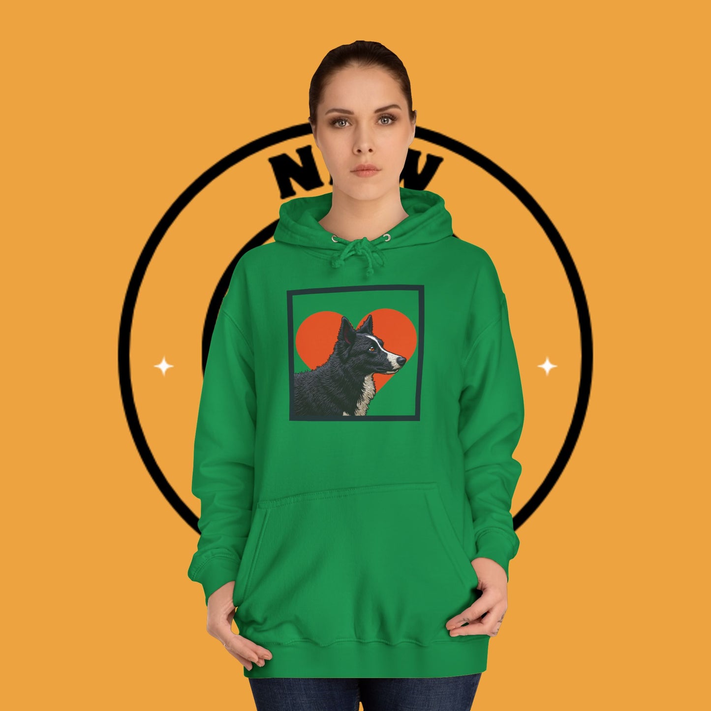 "Black & White Border Collie Portrait Hoodie - Bold Red Heart Background Dog Lover Sweatshirt | Premium Art Design"