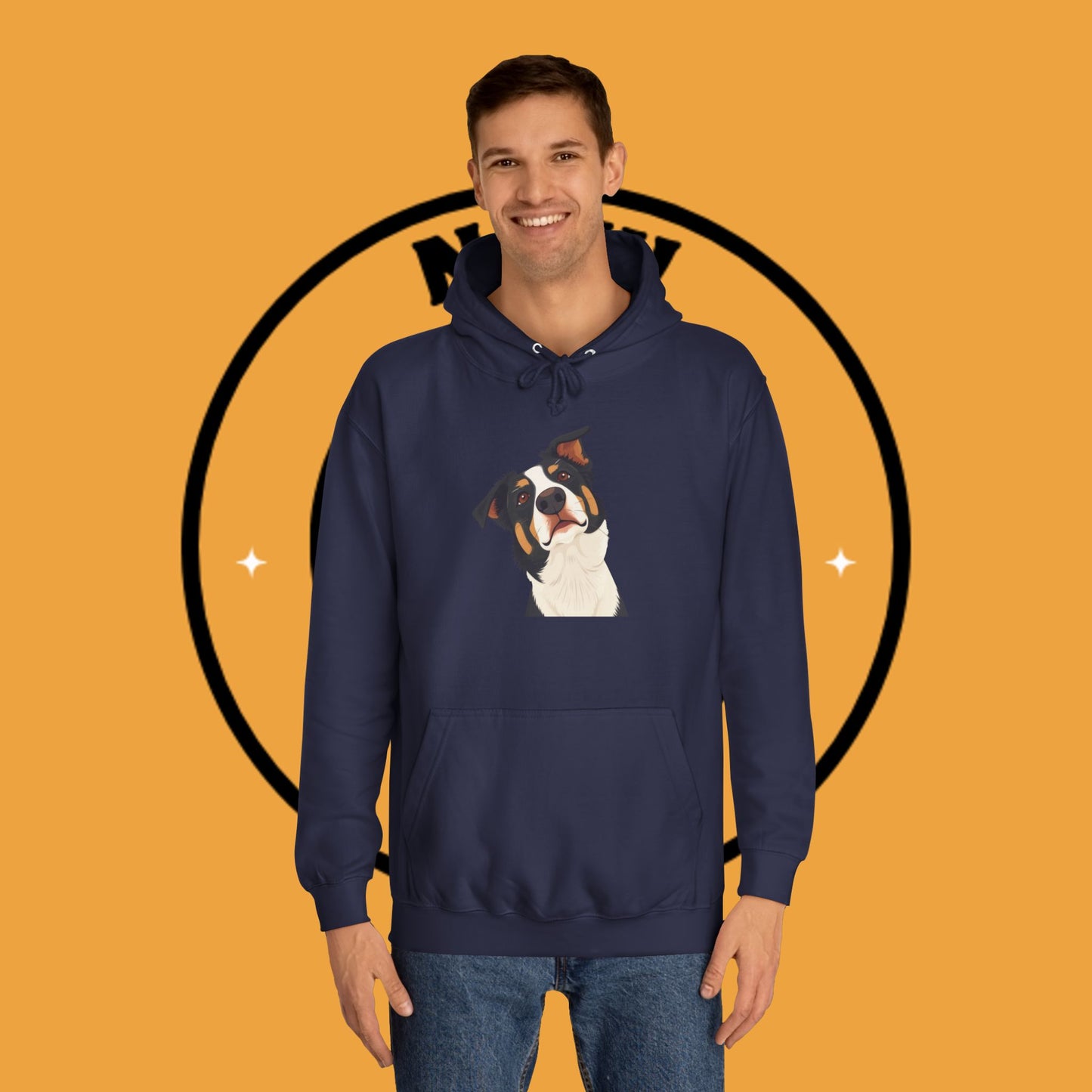 "Happy Border Collie Hoodie - Playful Cartoon Dog with Tilted Head Design | Cute Animal Streetwear"