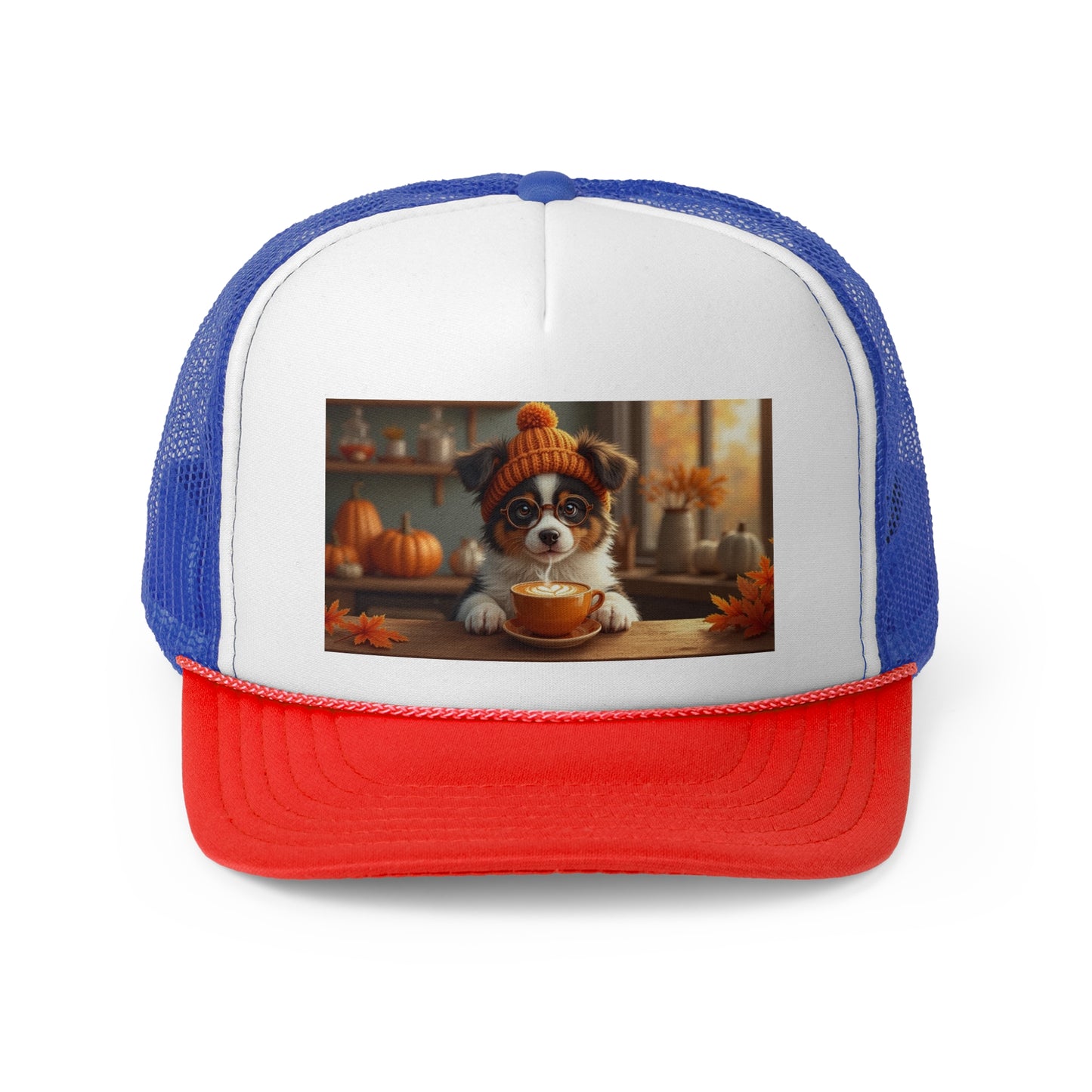 Autumn Cozy Dog Trucker Hat - Cute Puppy Coffee Lover Cap - Fall Vibes Baseball Hat