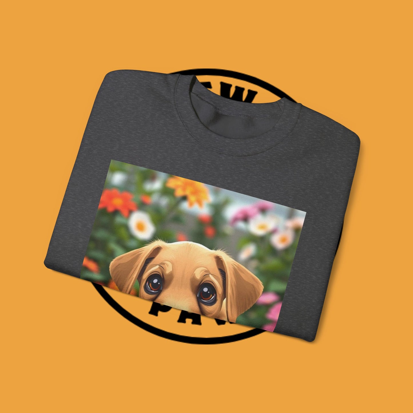 Unisex Dog Lover Crewneck Sweatshirt - Cute puppe with big eyes in floral garden