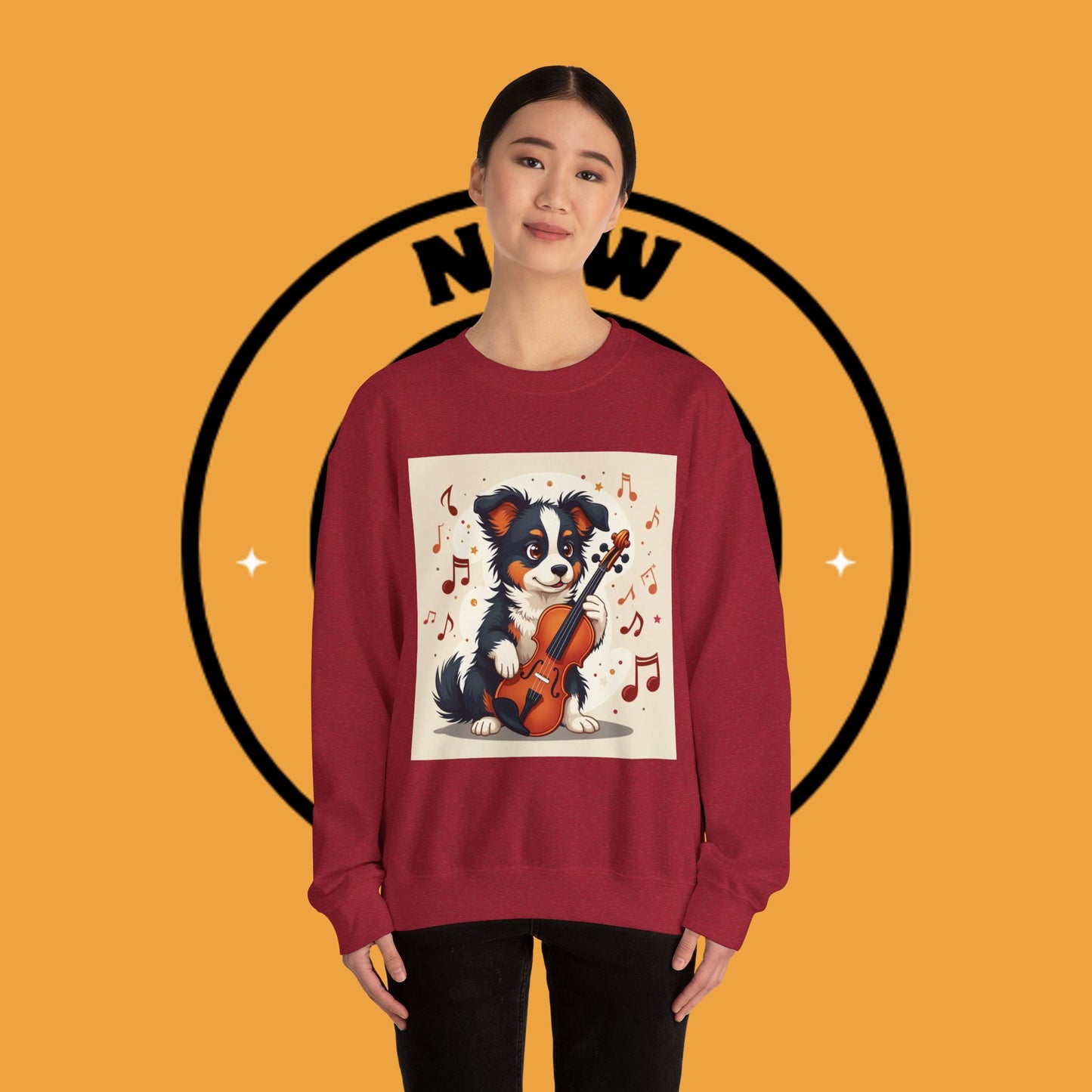 Music Dog Crewneck Sweatshirt - Cute Puppy Violinist with Musical Notes Design | Musician Gift