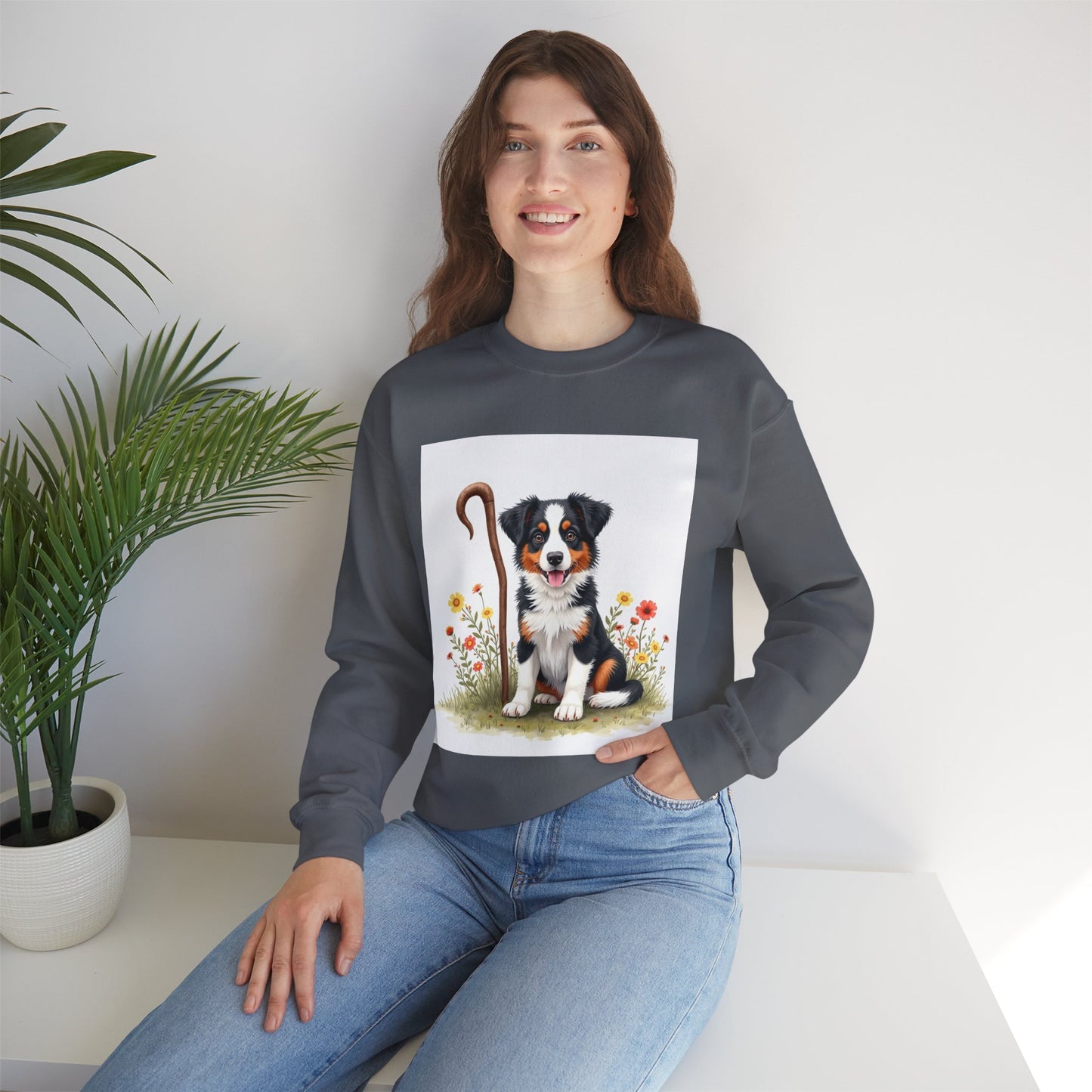Border Collie Puppy Shepherd's Crook Crewneck Sweatshirt - Pastoral Dog Art | Farm Life Gift