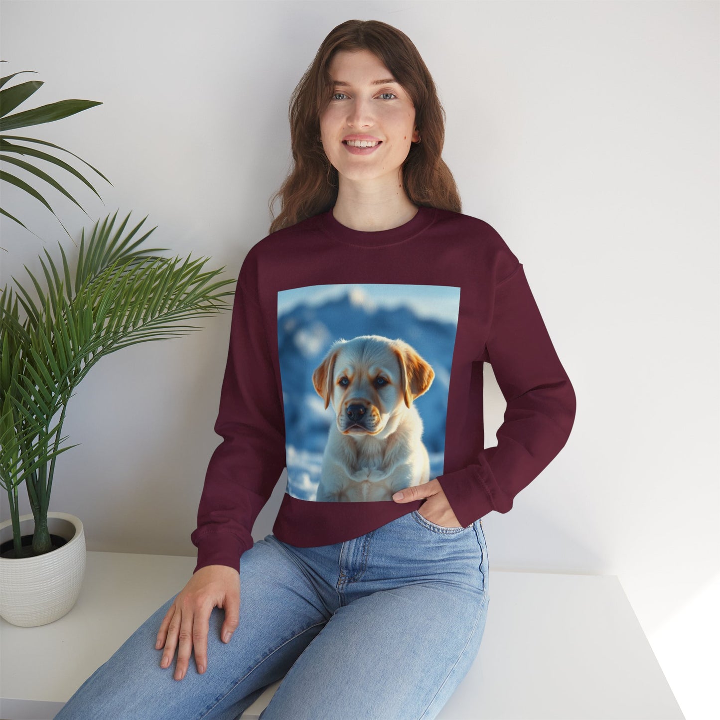 Crewneck Sweatshirt - Cute Labrador Puppy with Blue Eyes - Adorable Dog Portrait in Snow